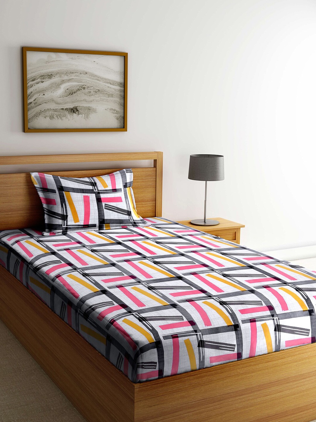 

Arrabi Grey & Yellow Geometric 130 TC Single Bedsheet with 1 Pillow Covers
