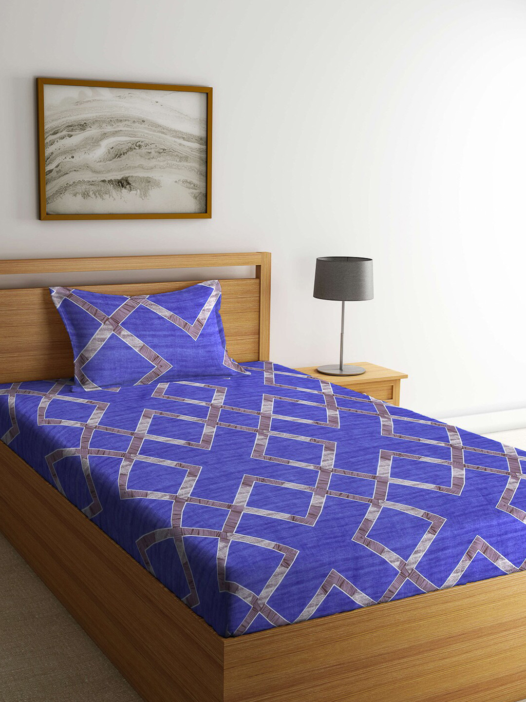 

Arrabi Blue & Grey Geometric 130 TC Single Bedsheet with 1 Pillow Covers