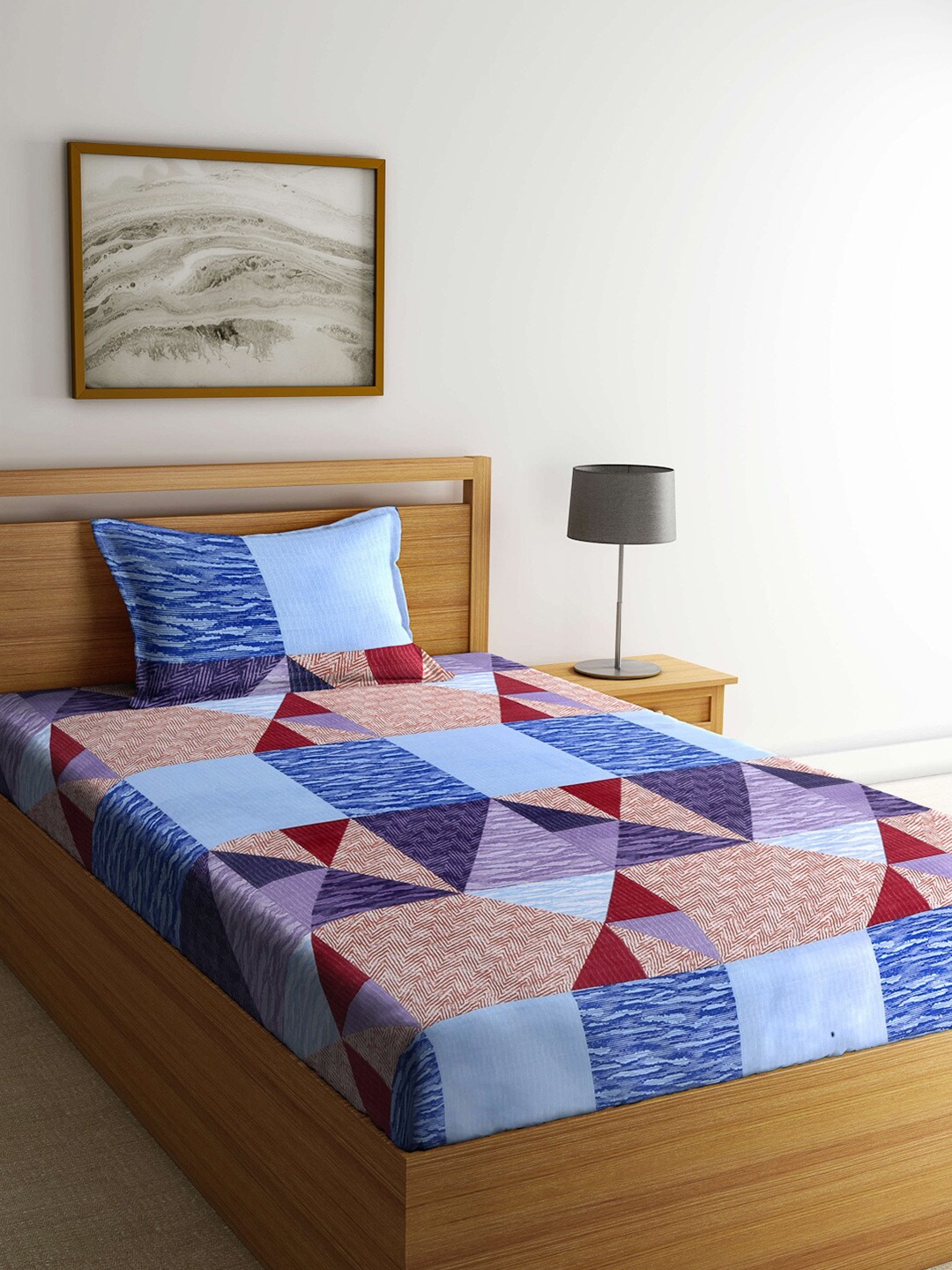 

Arrabi Blue & Red Geometric 130 TC Single Bedsheet with 1 Pillow Covers