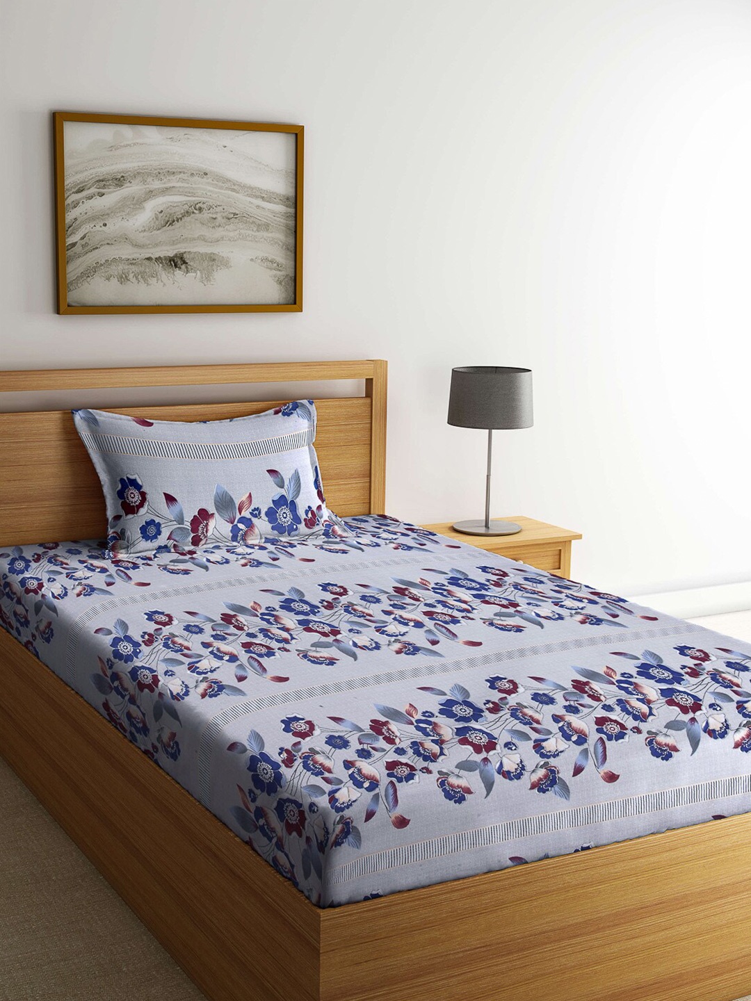 

Arrabi Blue & Maroon Floral 130 TC Single Bedsheet with 1 Pillow Covers