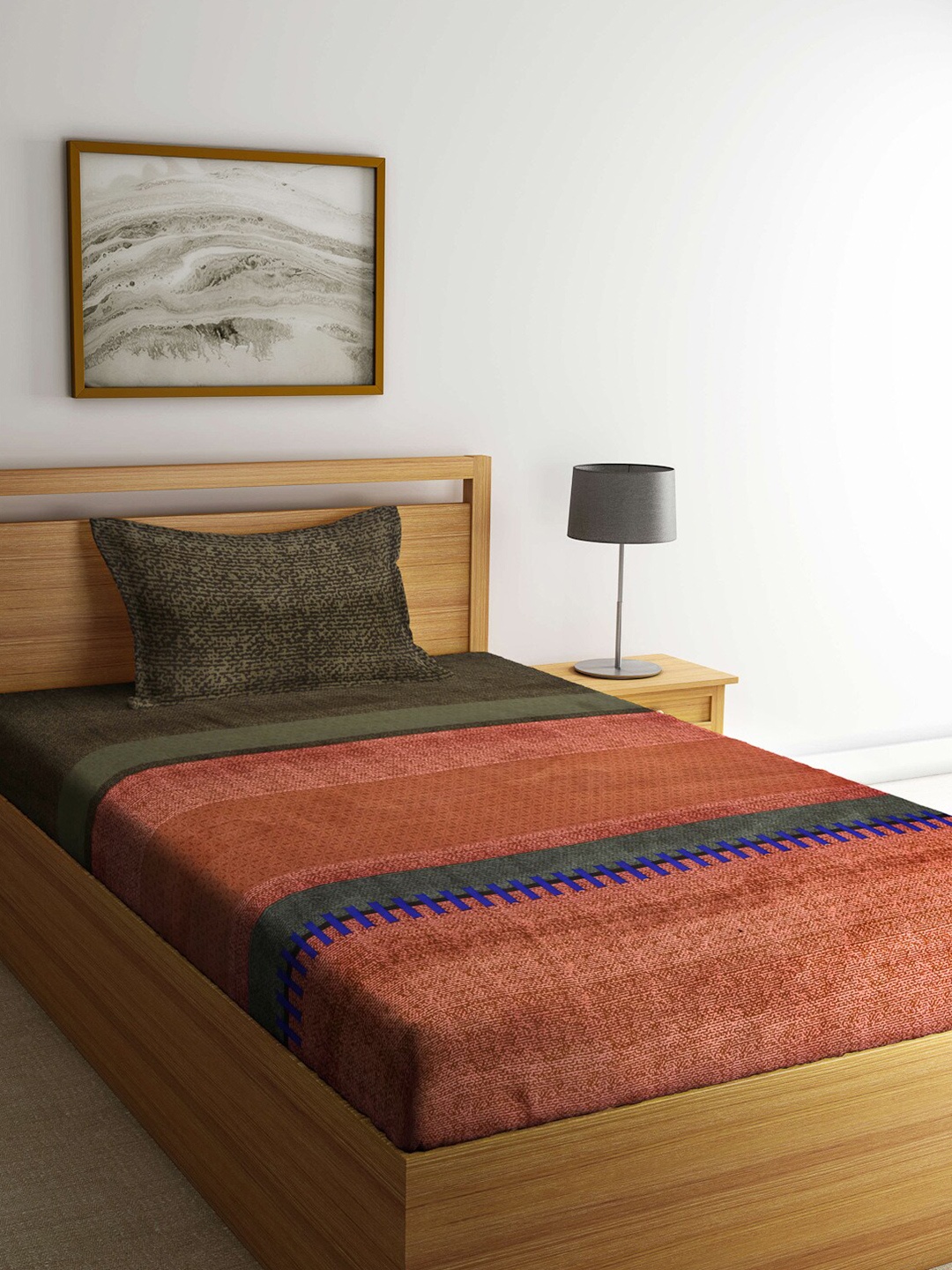 

Arrabi Green & Brown Striped 130 TC Single Bedsheet with 1 Pillow Covers