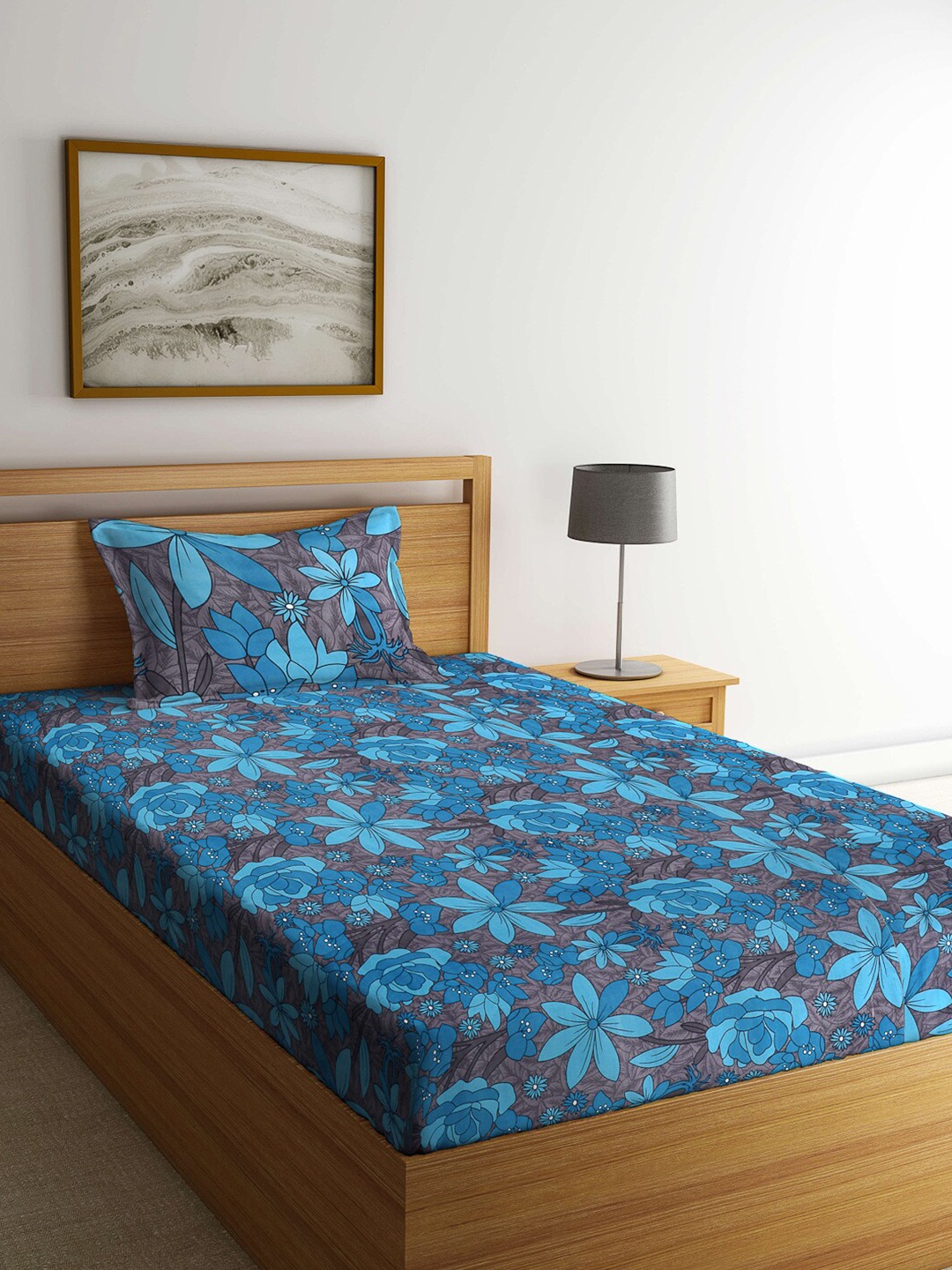 

Arrabi Blue & Grey Floral 130 TC Single Bedsheet with 1 Pillow Covers