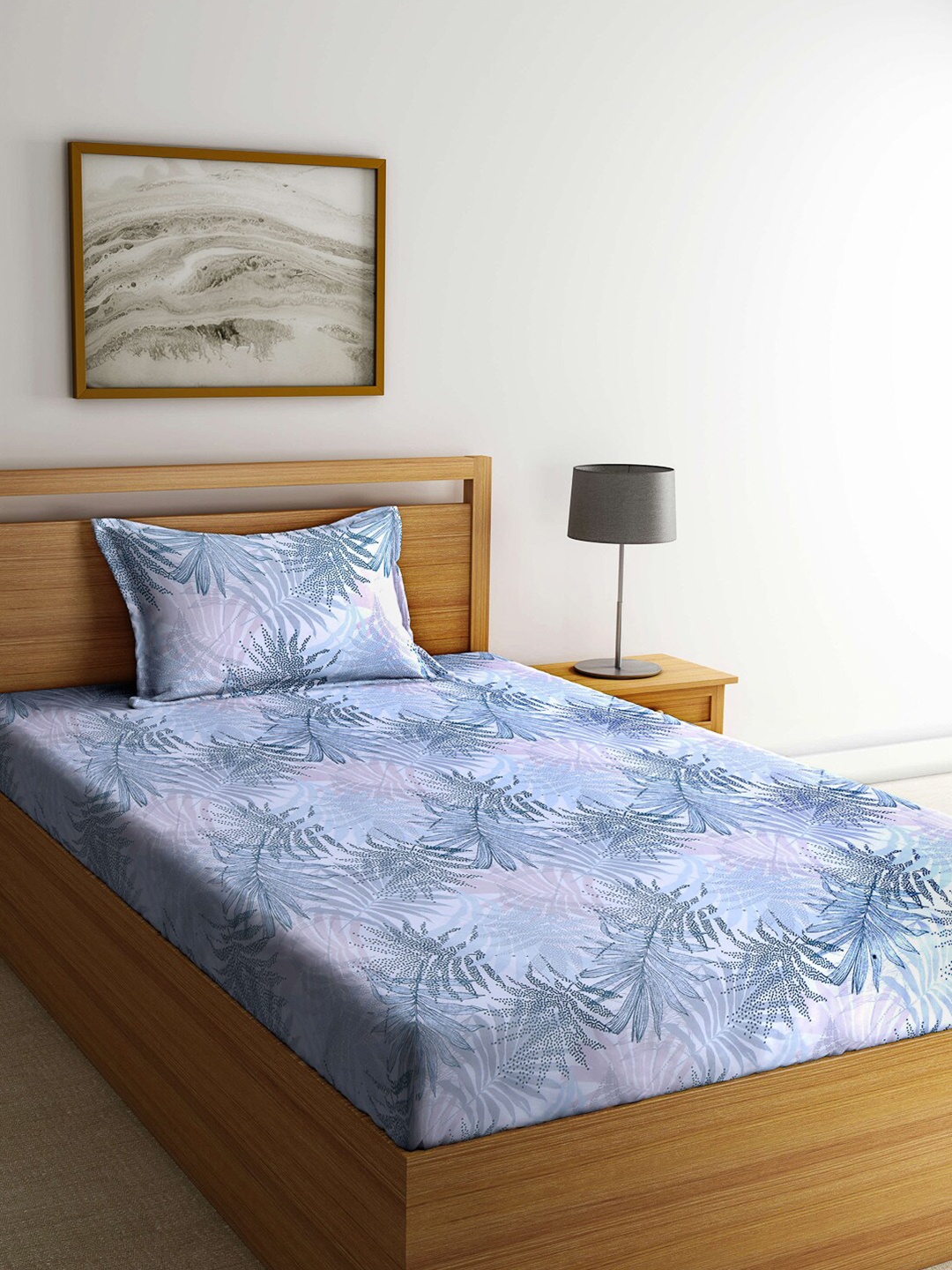 

Arrabi Blue Floral 130 TC Cotton Single Bedsheet with 1 Pillow Covers