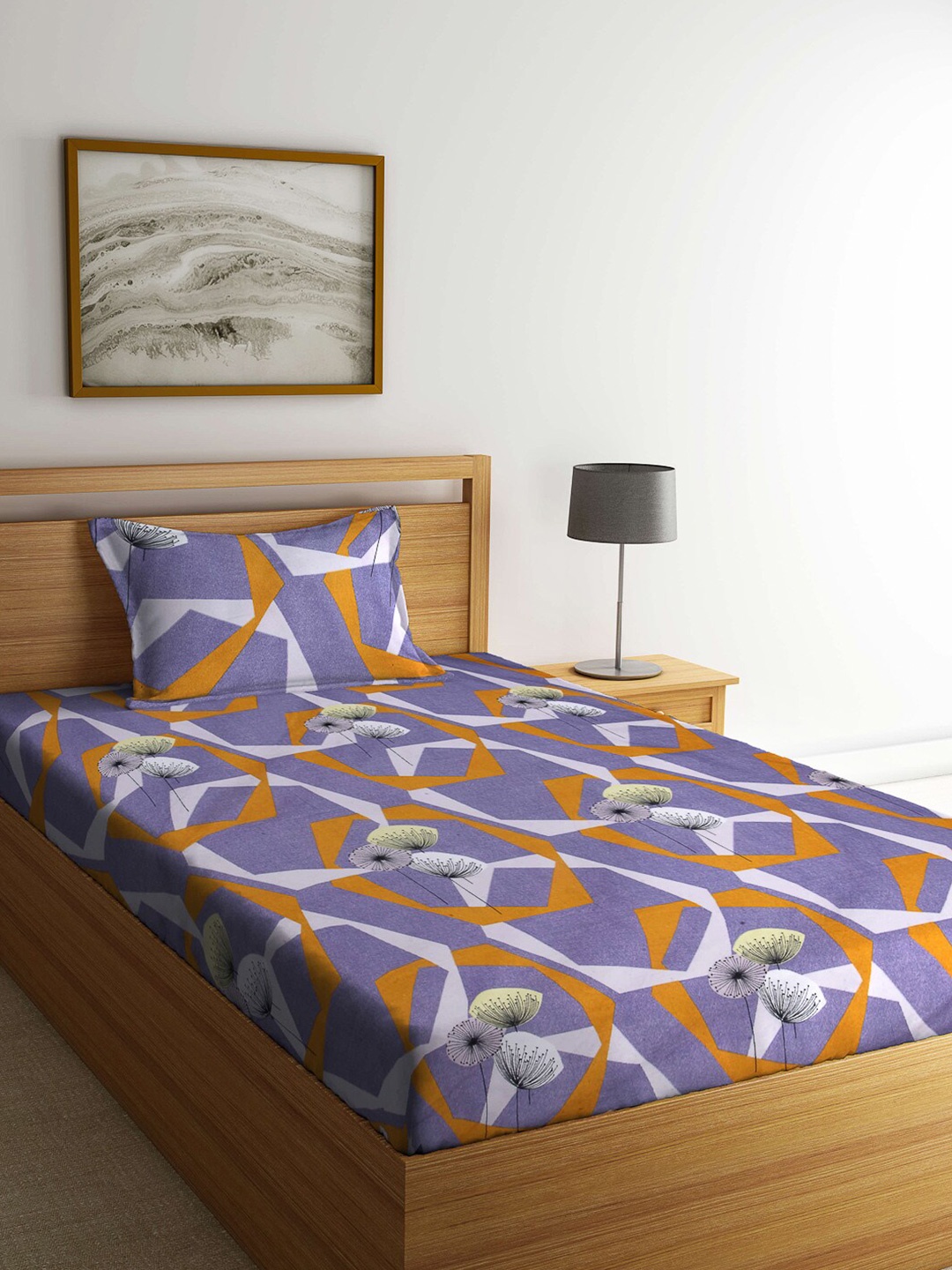 

Arrabi Grey & Yellow Floral 130 TC Single Bedsheet with 1 Pillow Covers