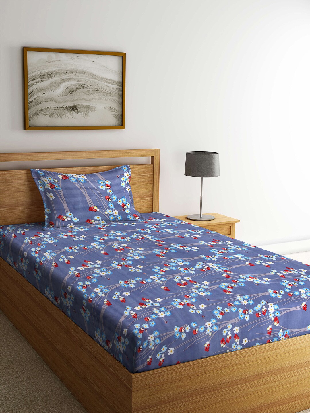 

Arrabi Blue & Red Floral 130 TC Cotton Blend Single Bedsheet with 1 Pillow Covers