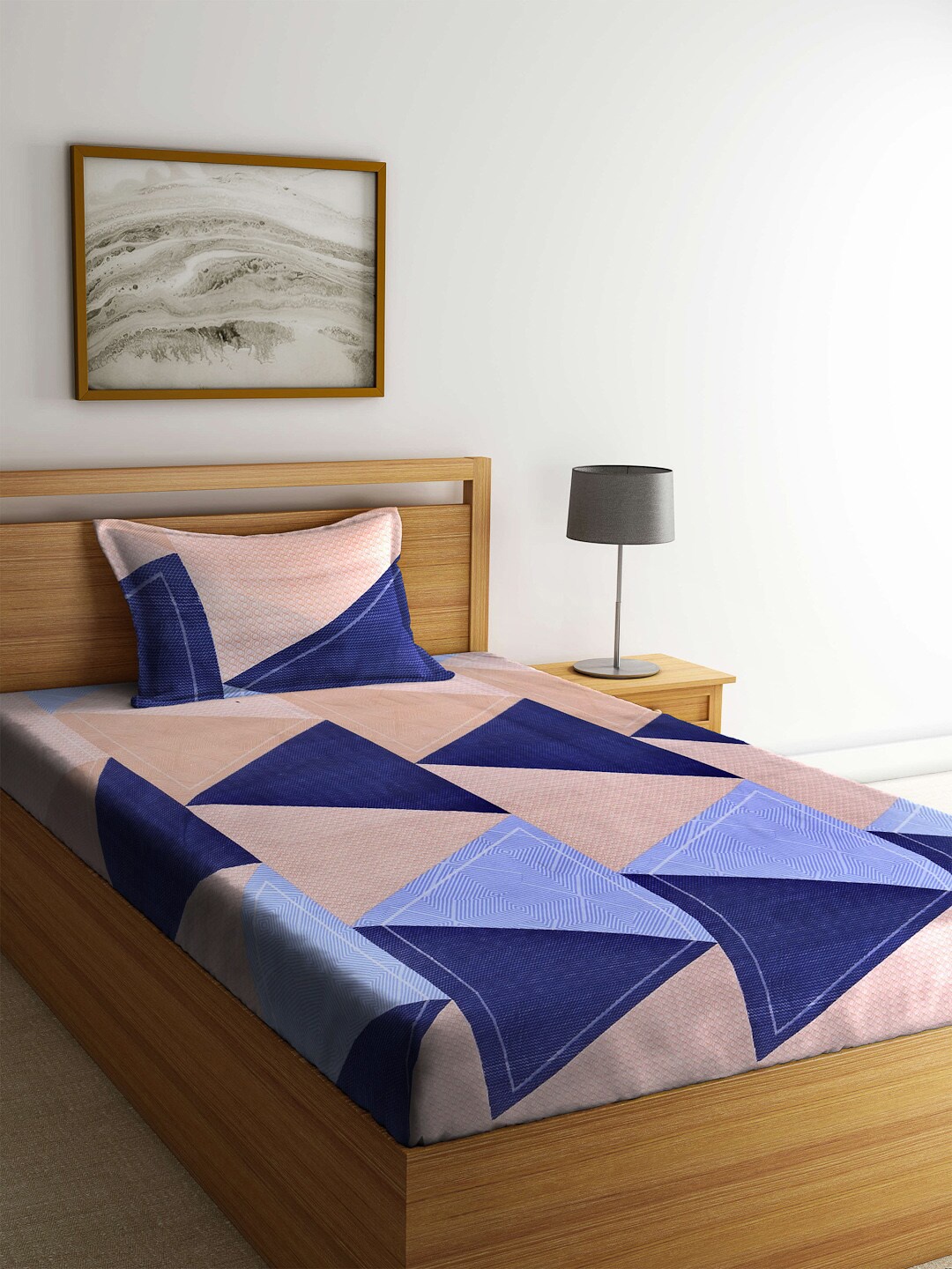 

Arrabi Blue & Peach-Coloured Geometric 130 TC Single Bedsheet with 1 Pillow Covers