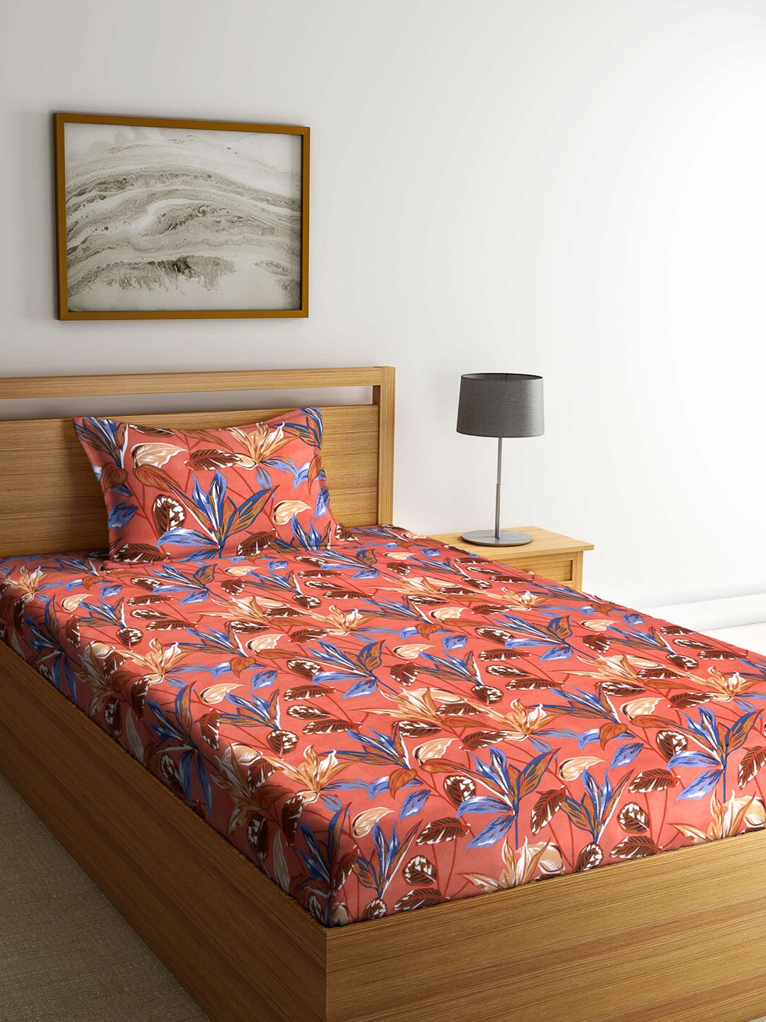 

Arrabi Orange & Blue Floral 130 TC Single Bedsheet with 1 Pillow Covers