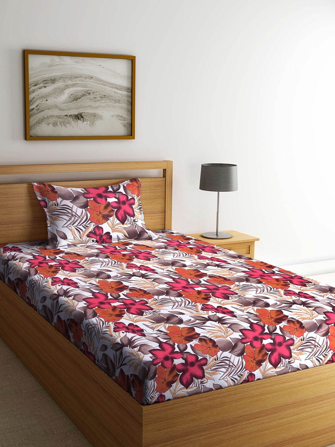 

Arrabi White & Red Floral 130 TC Cotton Single Bedsheet with 1 Pillow Covers