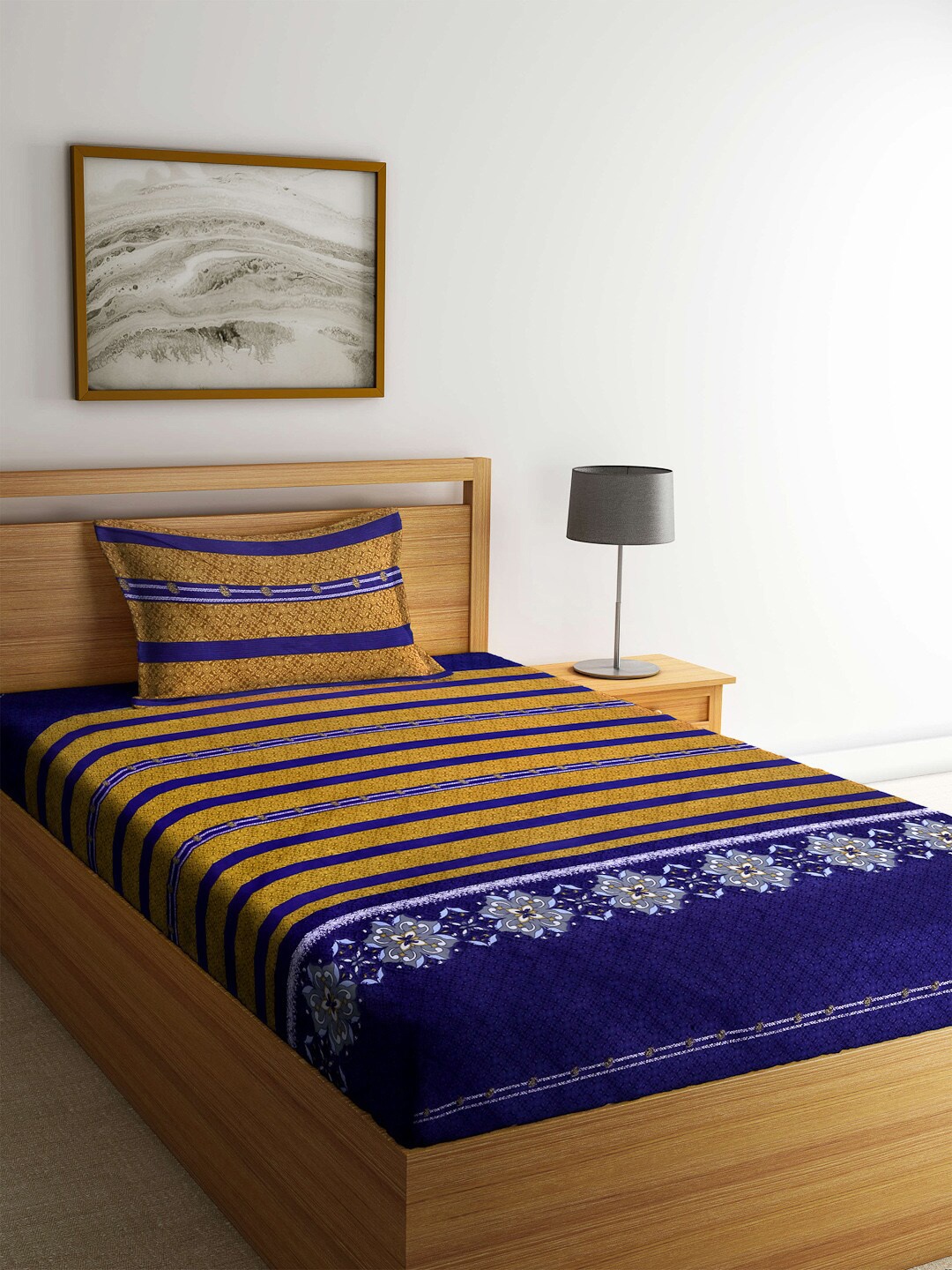 

Arrabi Blue & Yellow Striped 130 TC Single Bedsheet with 1 Pillow Covers