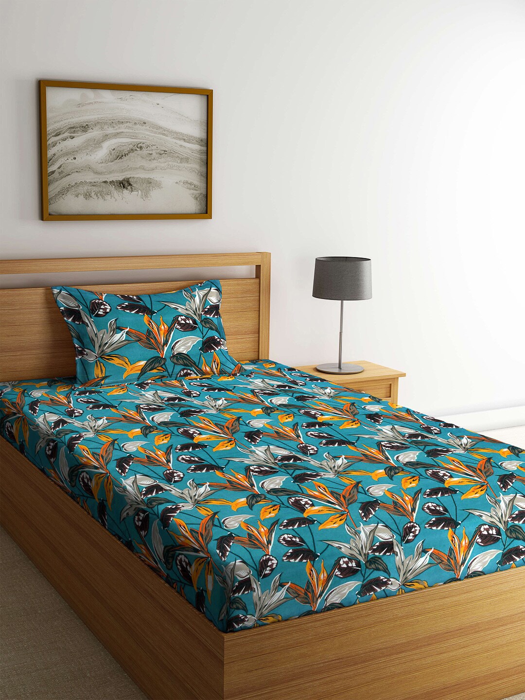 

Arrabi Blue & Yellow Floral 130 TC Single Bedsheet with 1 Pillow Covers