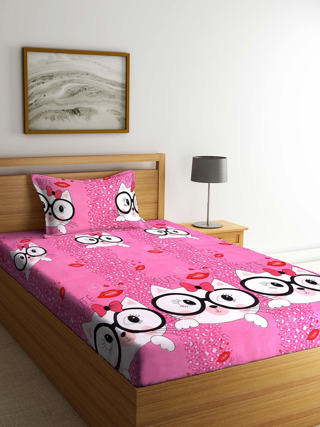 

Arrabi Pink & White Cartoon Characters 130 TC Single Bedsheet with 1 Pillow Covers