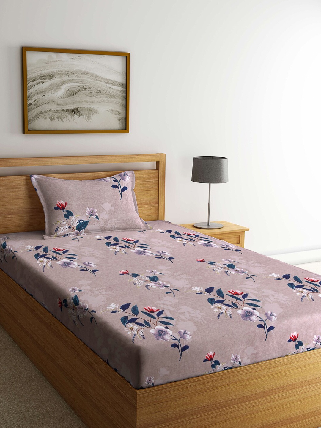 

Arrabi Brown & Blue Floral 130 TC Single Bedsheet with 1 Pillow Covers