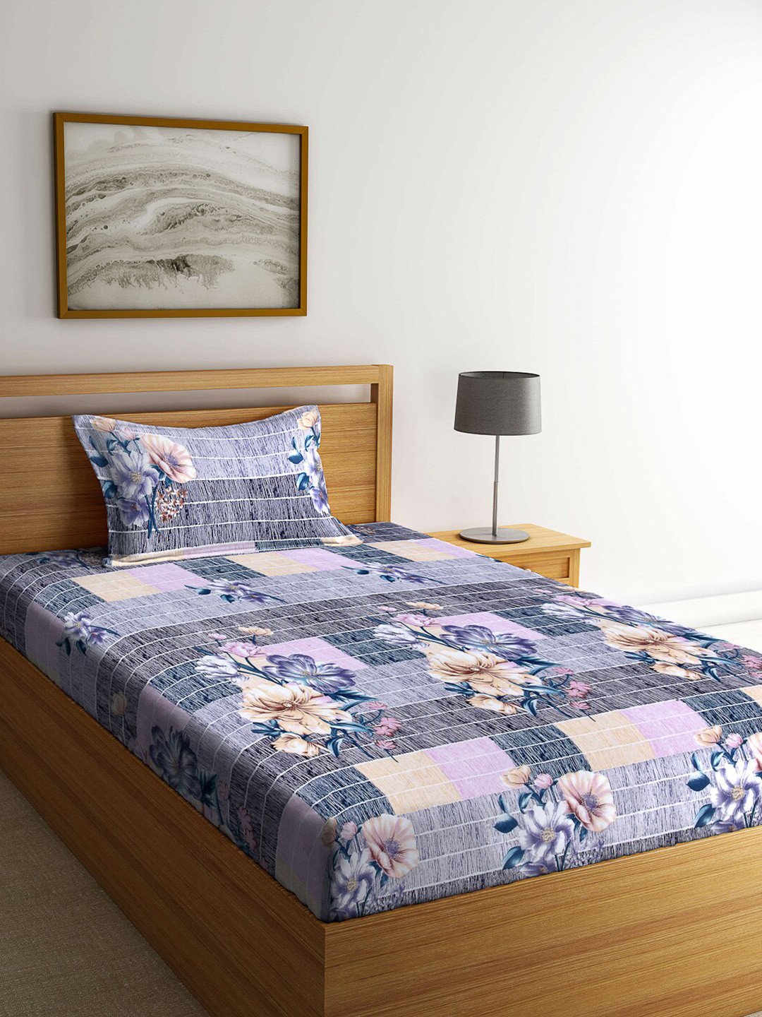 

Arrabi Grey & Beige Floral 130 TC Single Bedsheet with 1 Pillow Covers