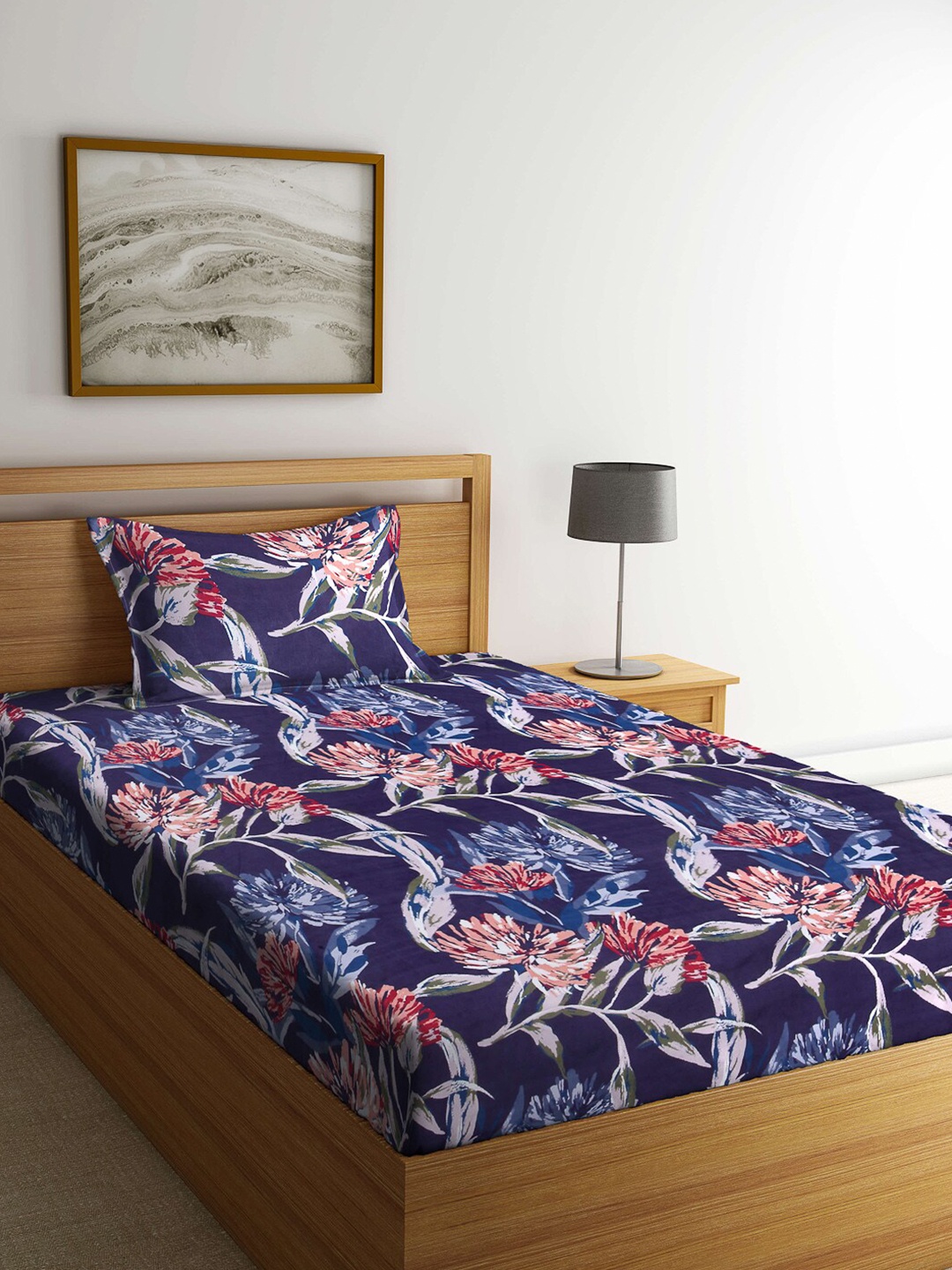 

Arrabi Navy Blue & Red Floral 130 TC Single Bedsheet with 1 Pillow Covers