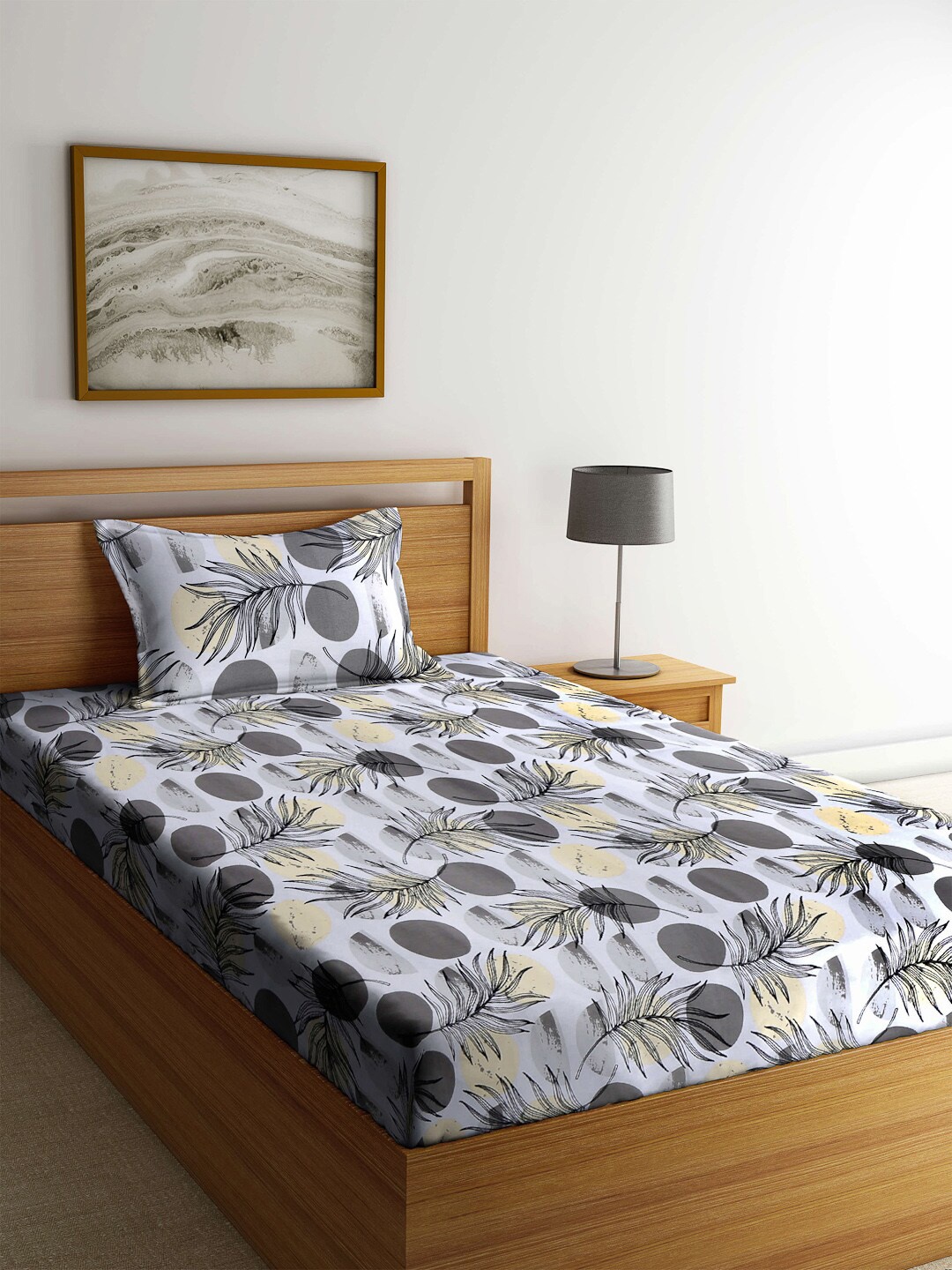 

Arrabi Grey & Yellow Floral 130 TC Single Bedsheet with 1 Pillow Covers