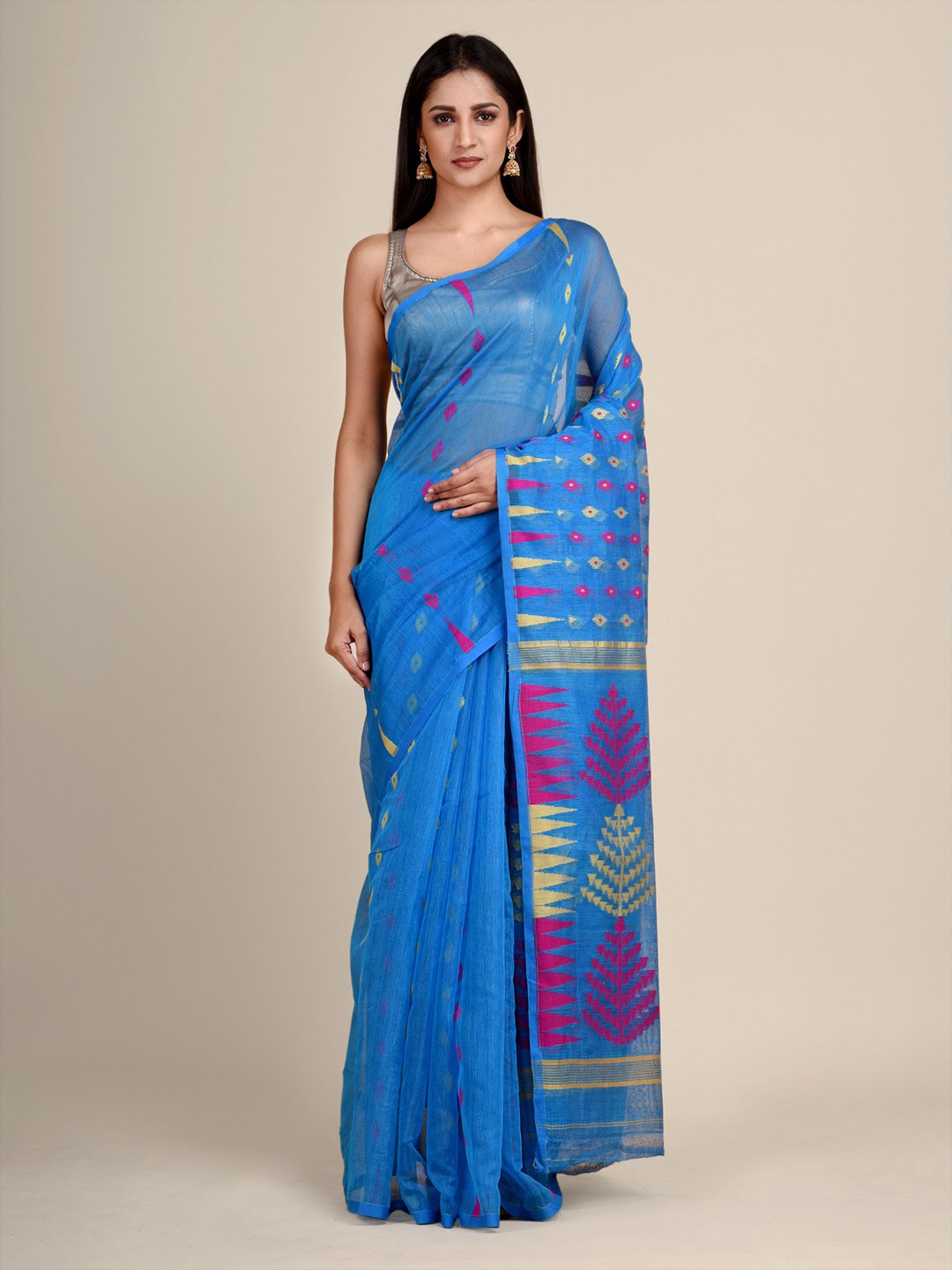

Laa Calcutta Blue & Pink Ethnic Motifs Silk Cotton Jamdani Saree
