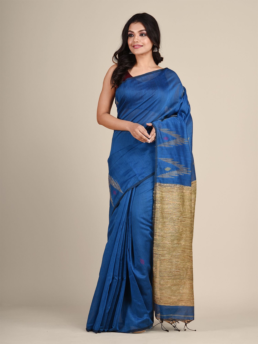 

Laa Calcutta Blue & Gold-Toned Woven Design Silk Cotton Jamdani Saree