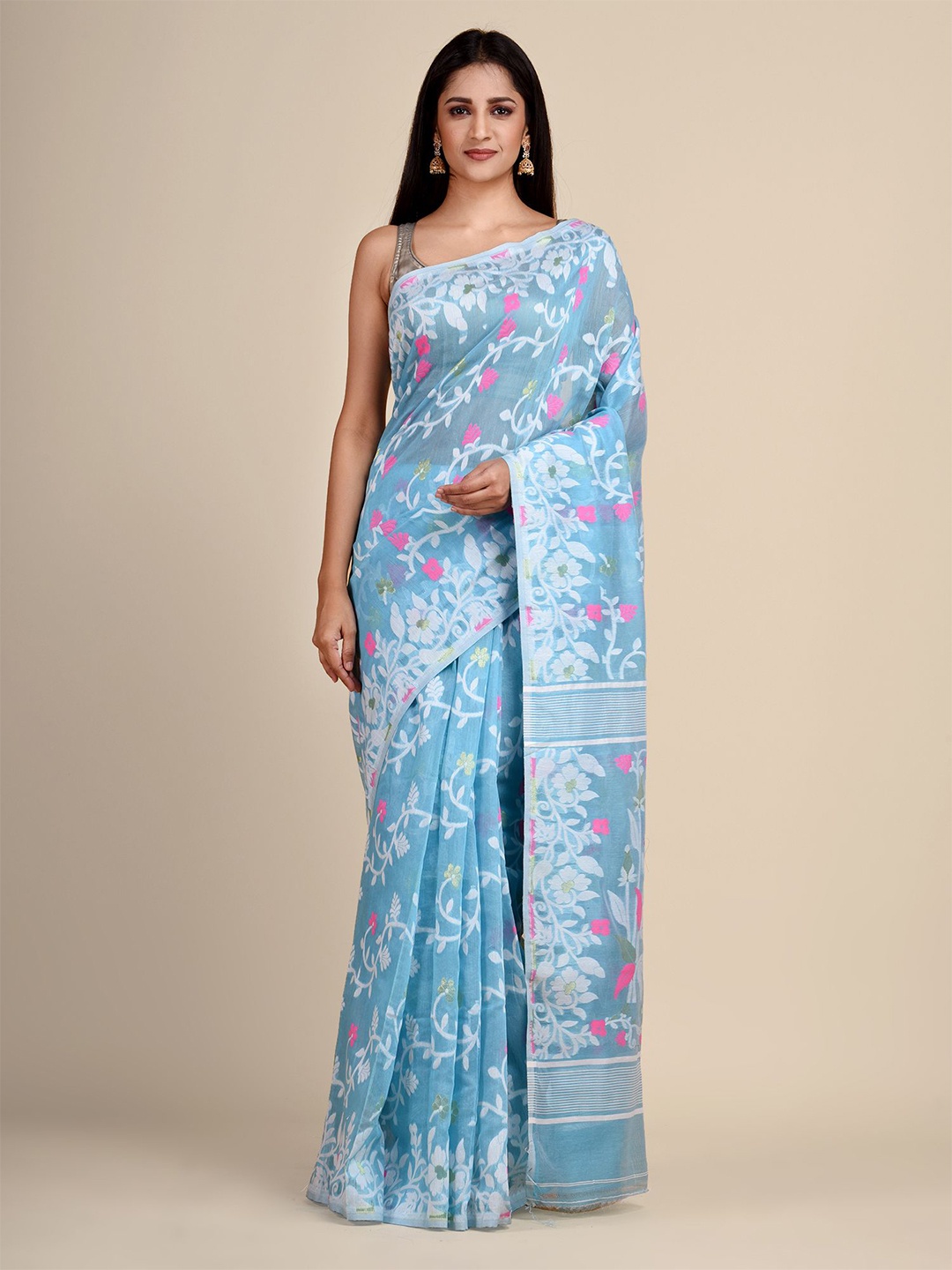 

Laa Calcutta Blue & Pink Ethnic Motifs Silk Cotton Jamdani Saree