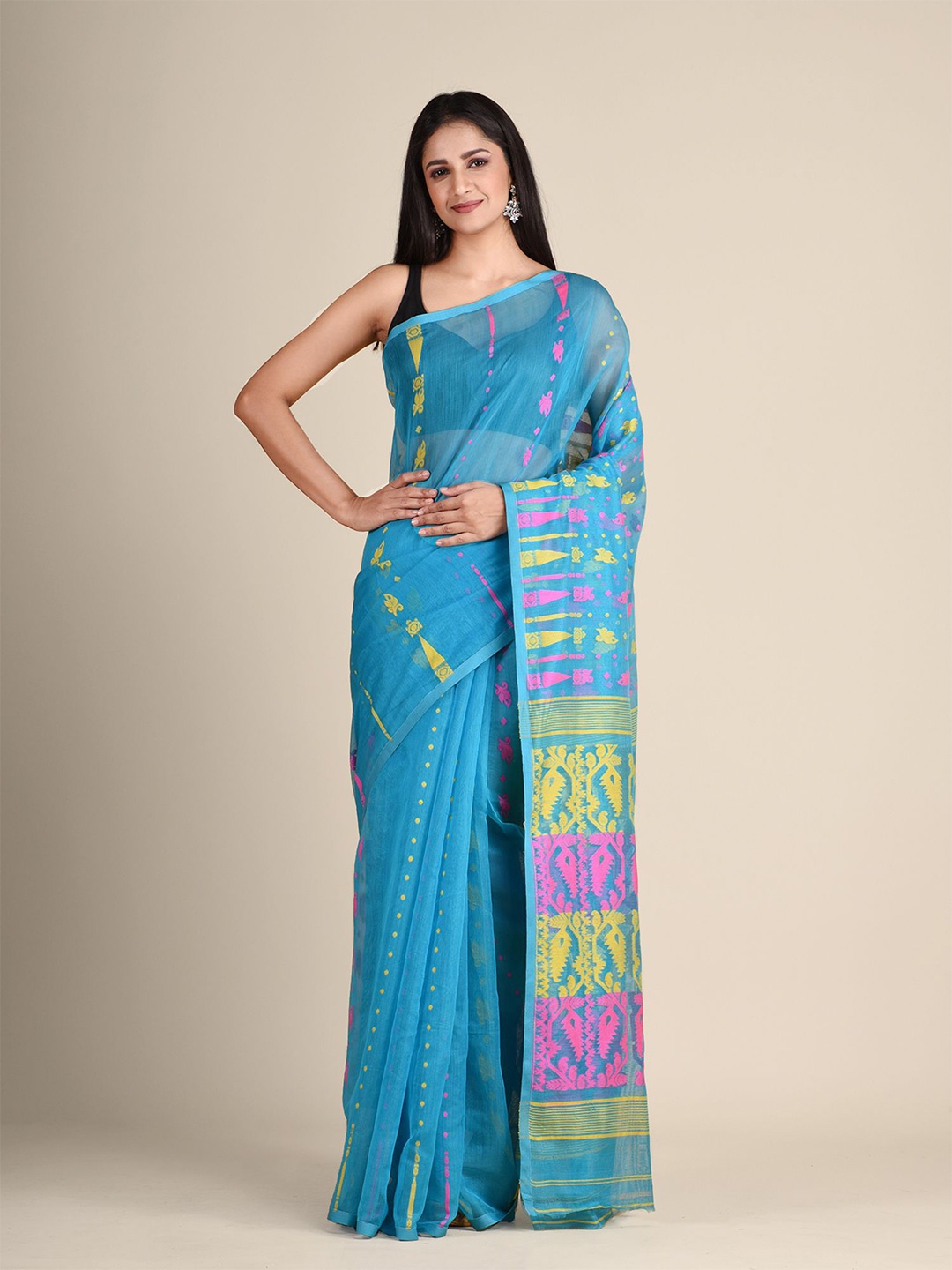 

Laa Calcutta Blue & Magenta Woven Design Silk Cotton Tant Jamdani Saree