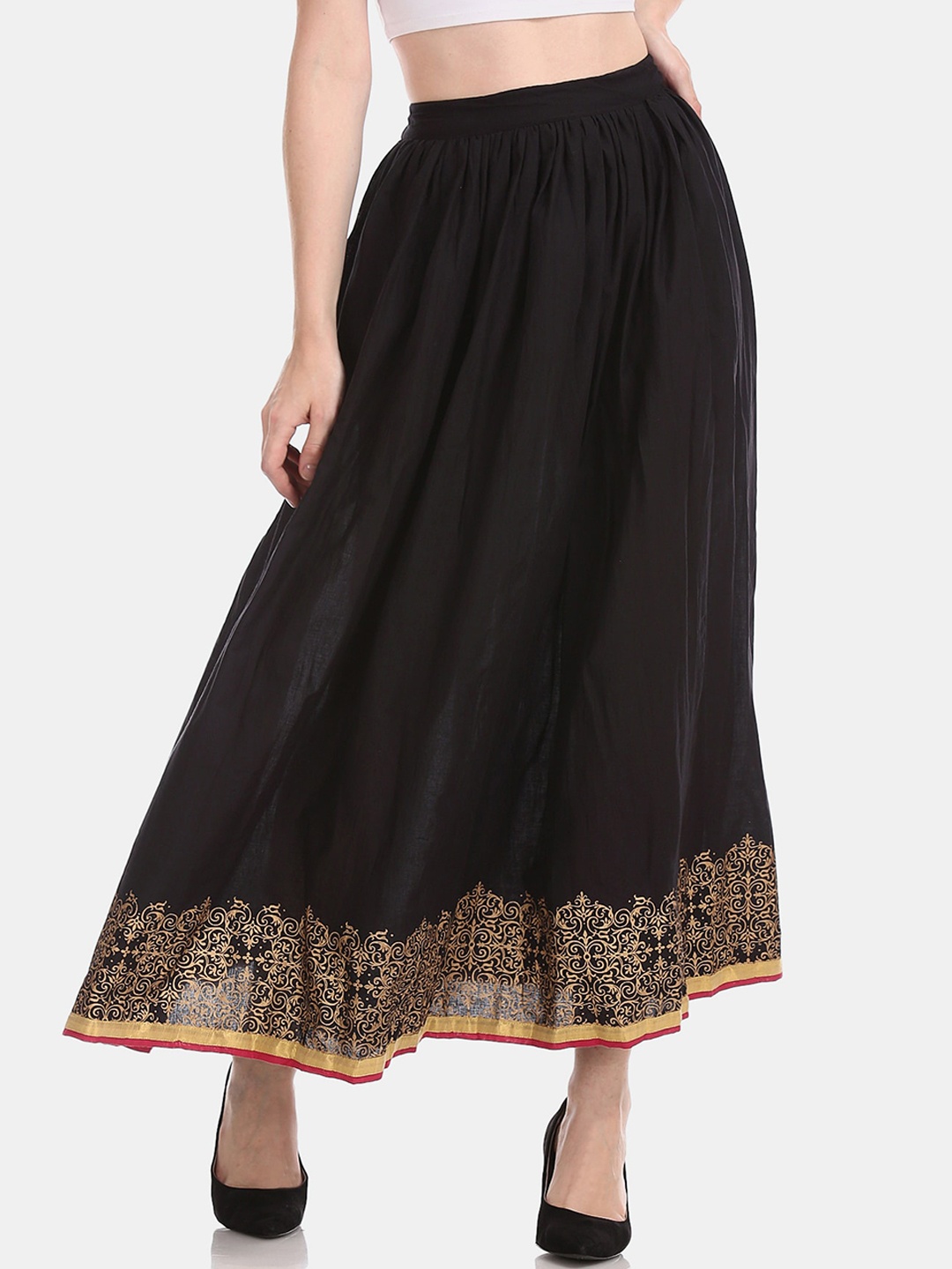

Bronz Women Black Solid Cotton Flared Maxi Skirt