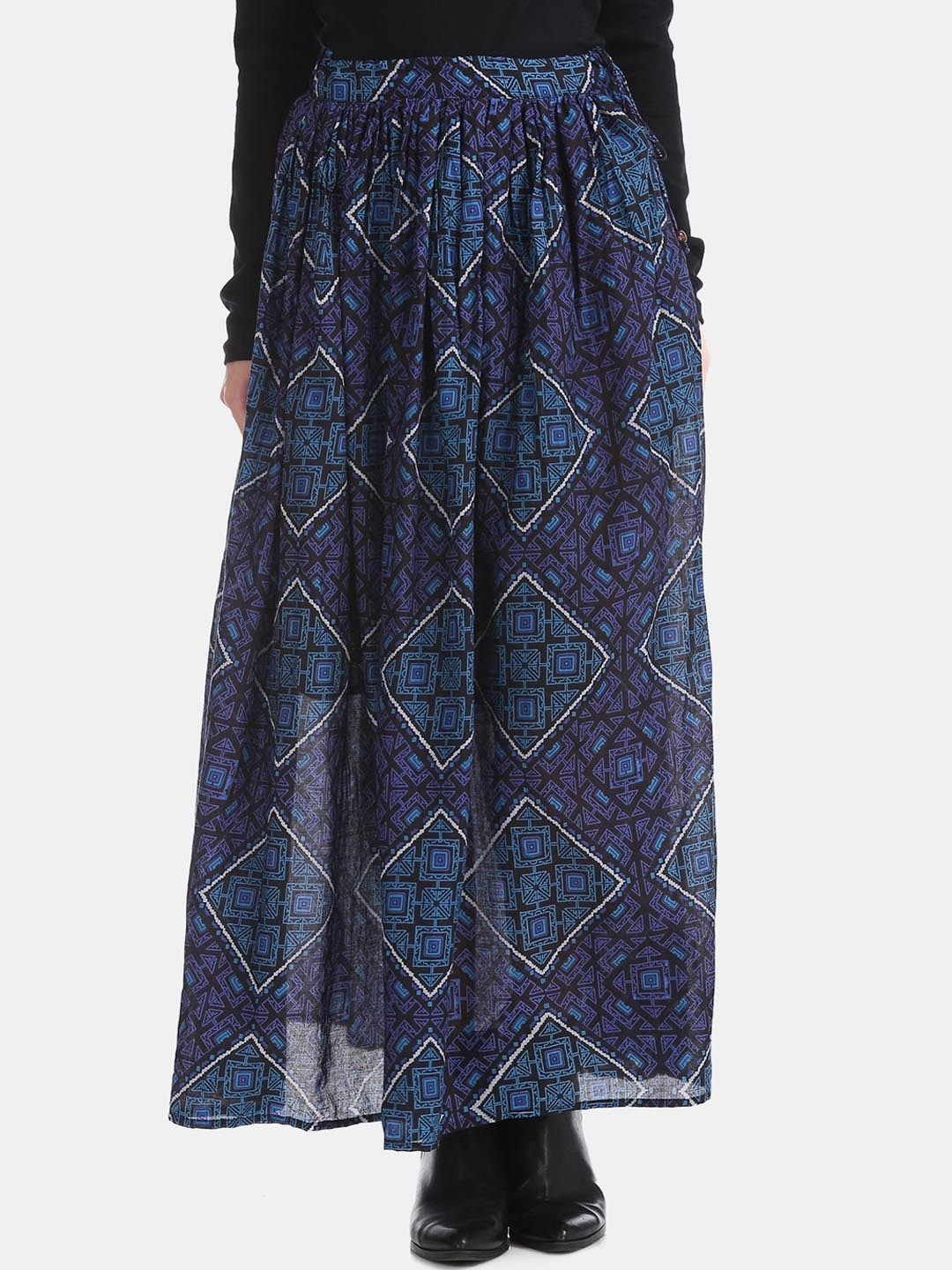 

Bronz Women Blue & Purple Printed Cotton Flared Maxi Skirt