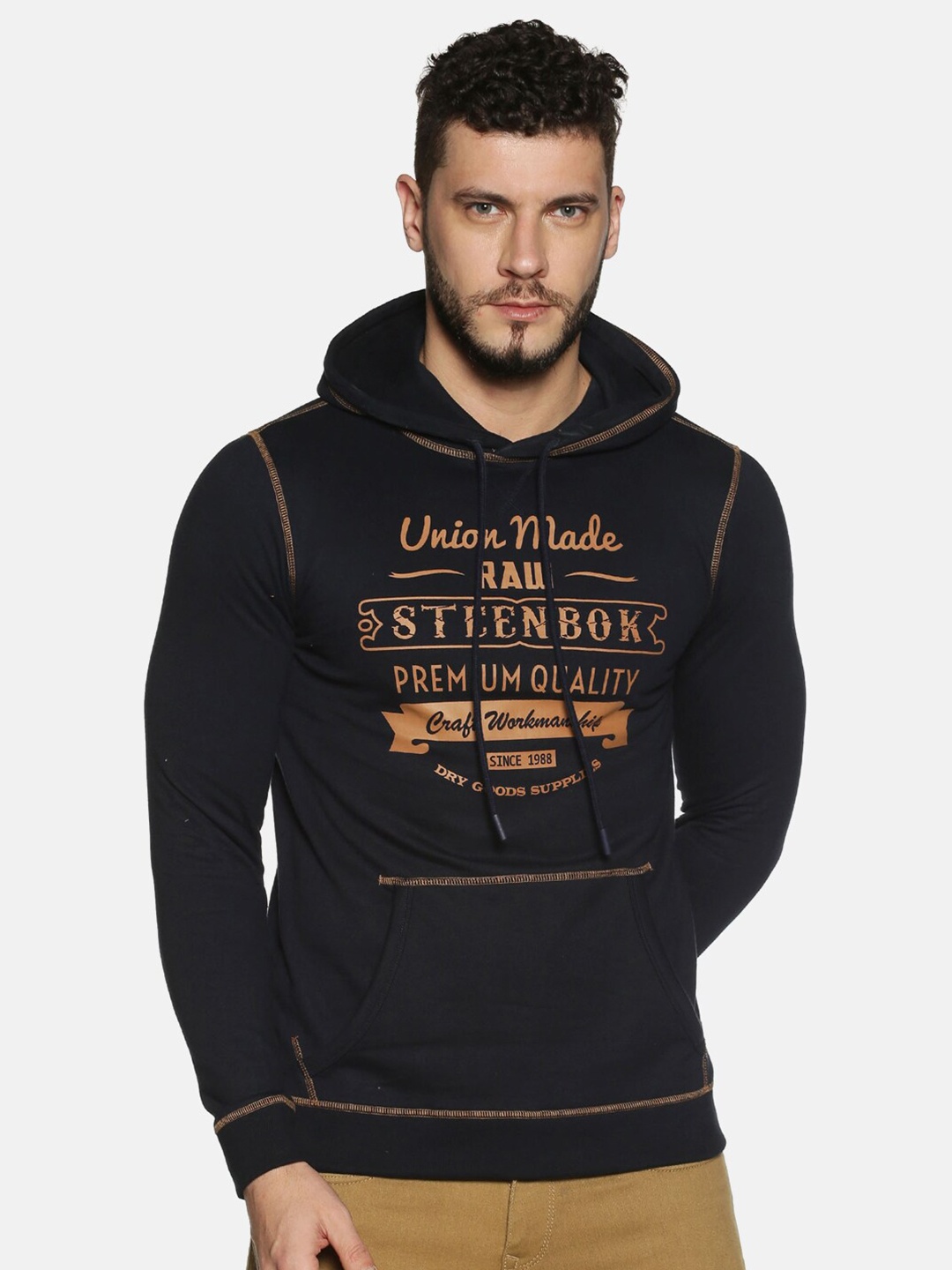 

Steenbok Men Navy Blue Printed Hooded Cotton Sweatshirt