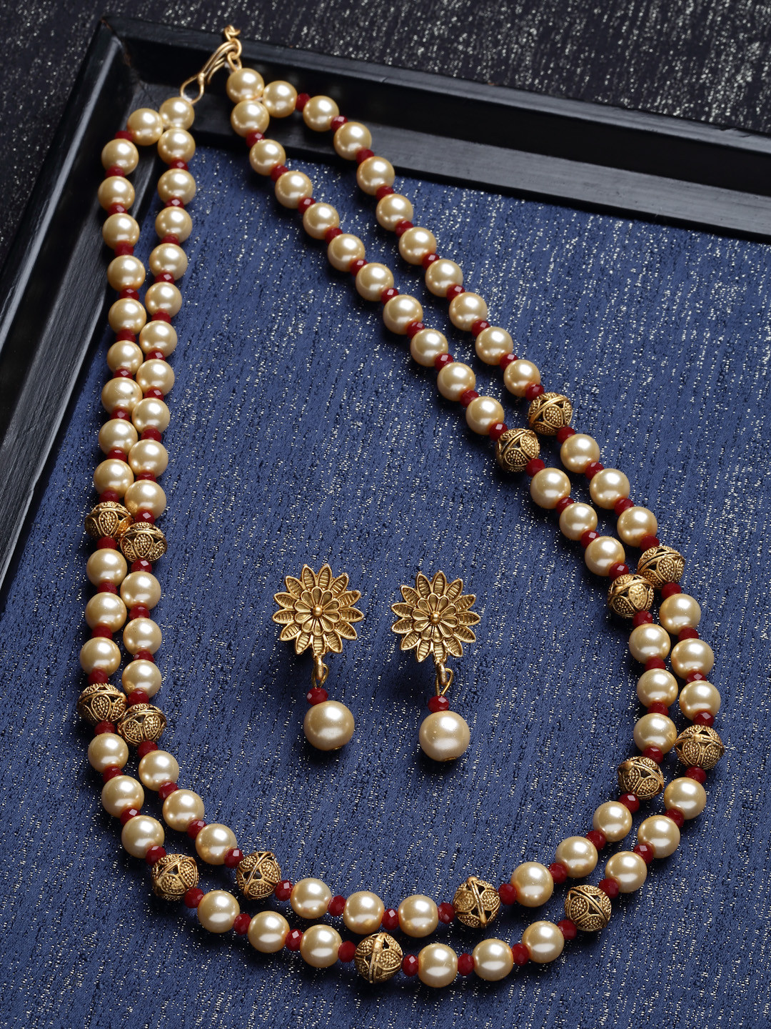 

PANASH Gold-Plated & Red Pearl Beaded Handcrafted Jewellery Set