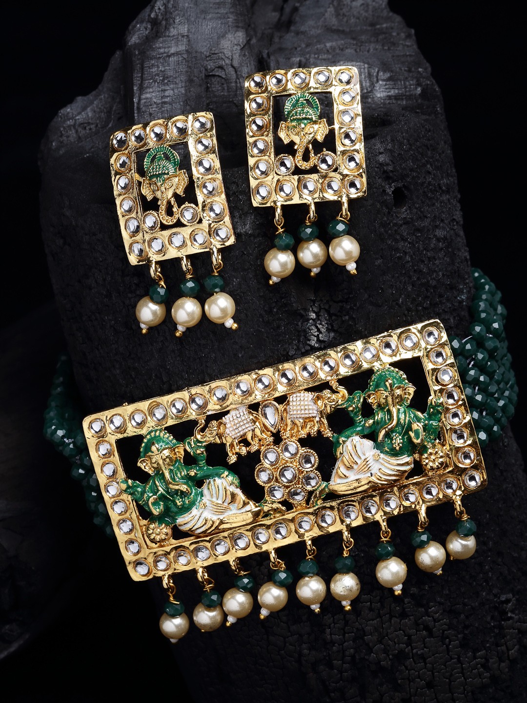 

PANASH Gold-Plated & Green Stone-Studded & Beaded Handcrafted Jewellery Set