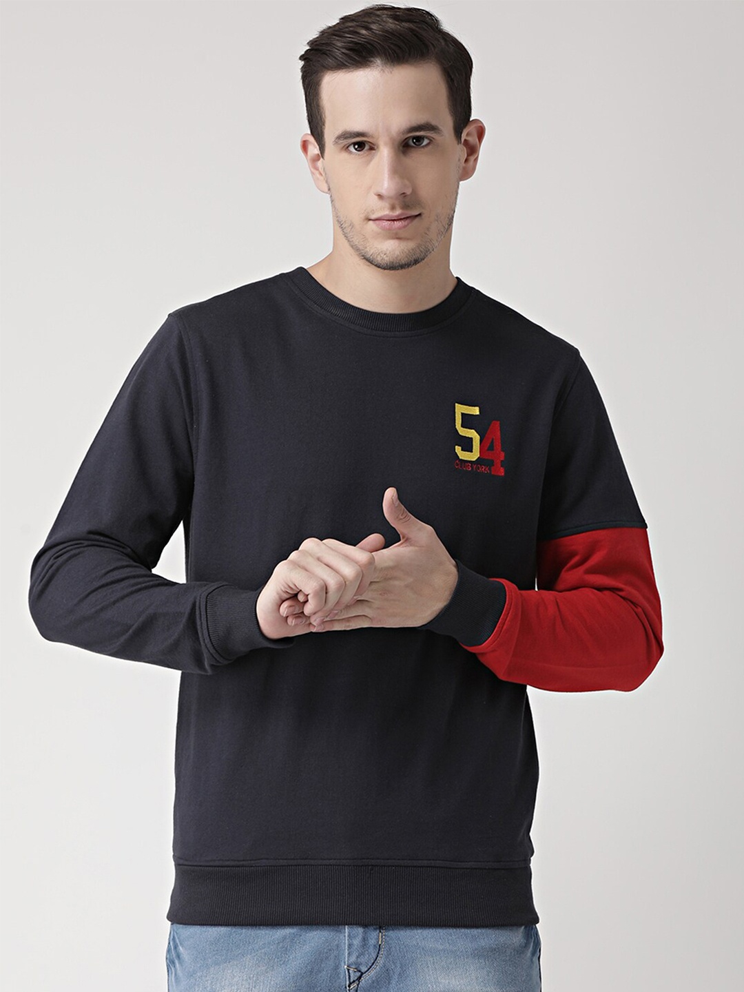 

Club York Men Navy Blue Colourblocked Fleece Sweatshirt