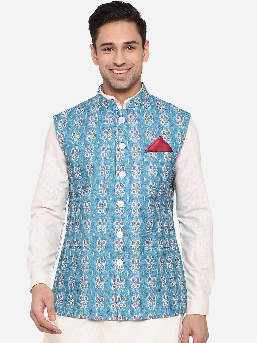 

JB STUDIO Men Blue Printed Terry Wool Printed Woven Nehru Jacket