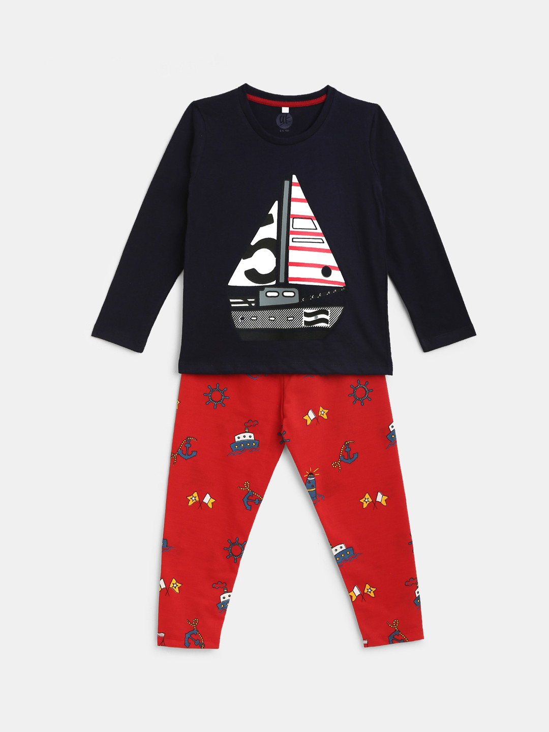

YK Boys Red & Navy Blue Printed Night suit