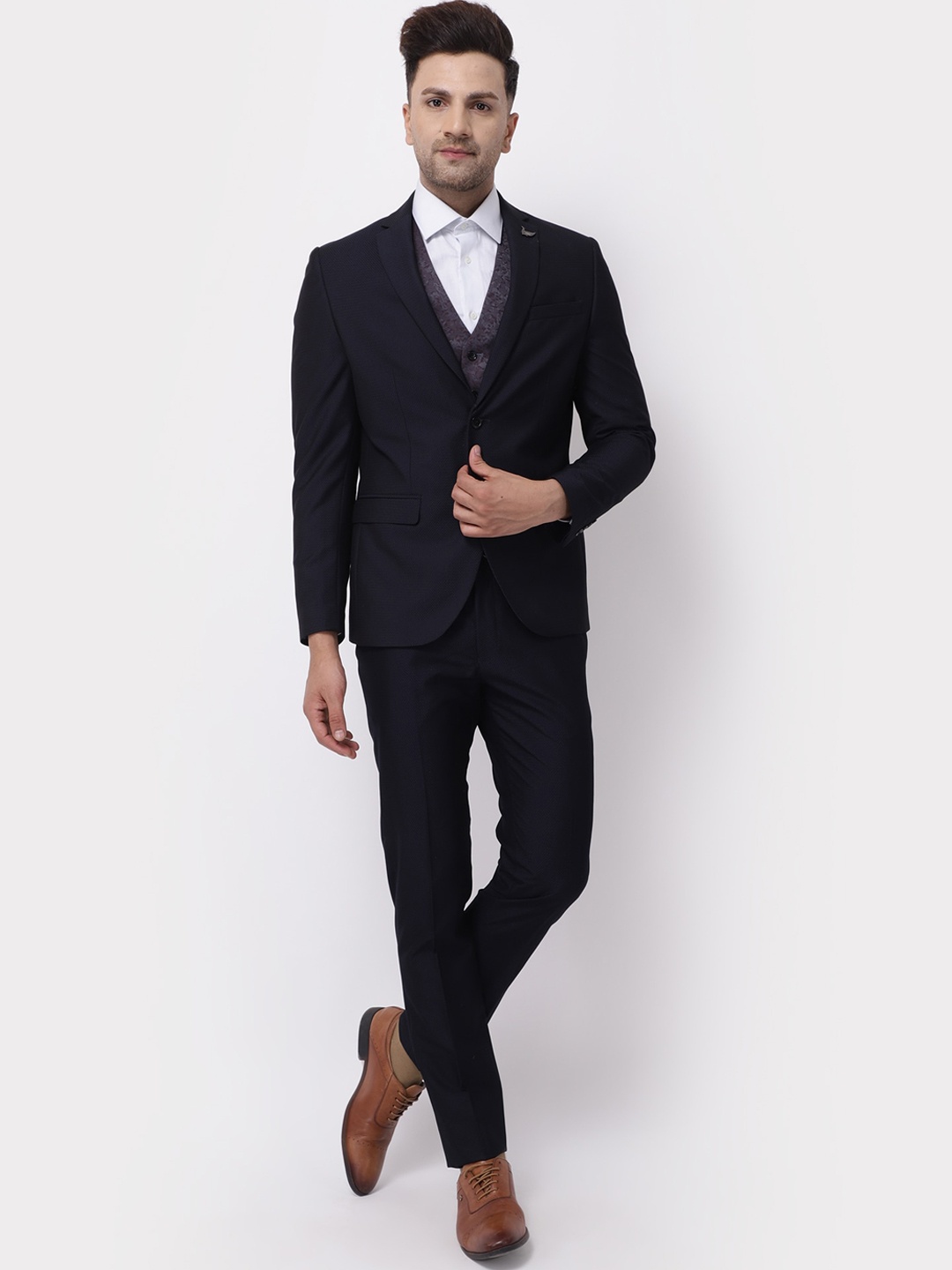 

Blackberrys Men Navy Blue Slim-Fit Cotton Three Piece Suit