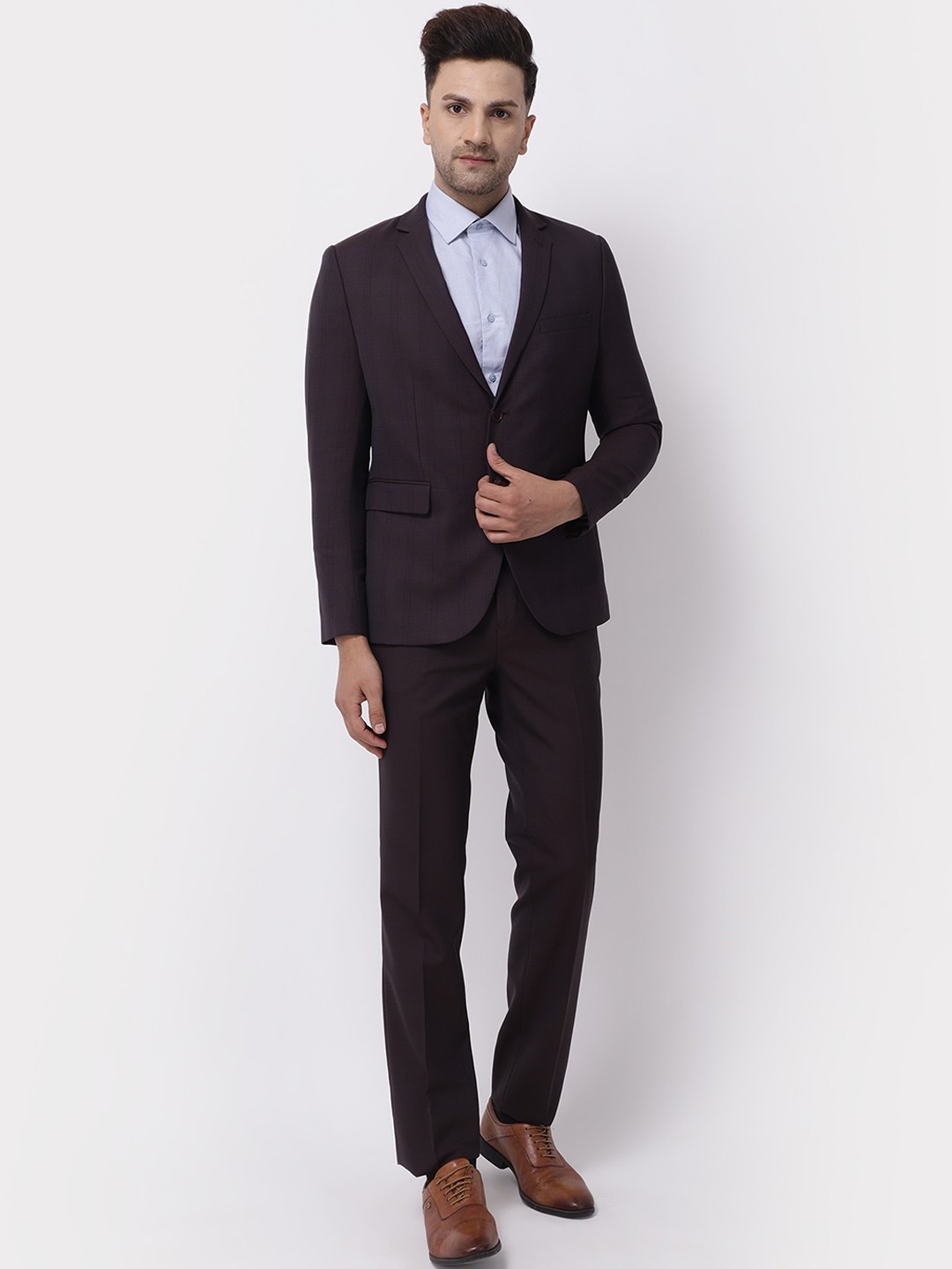 

Blackberrys Men Brown & Purple Checked Slim-Fit 2-Piece Formal Suit