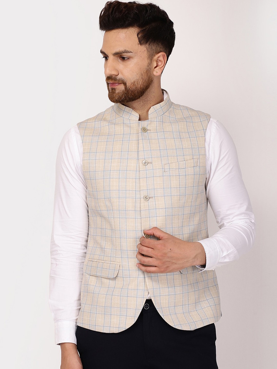 

Blackberrys Men Beige & Blue Checked Slim Fit Formal Waist Coat