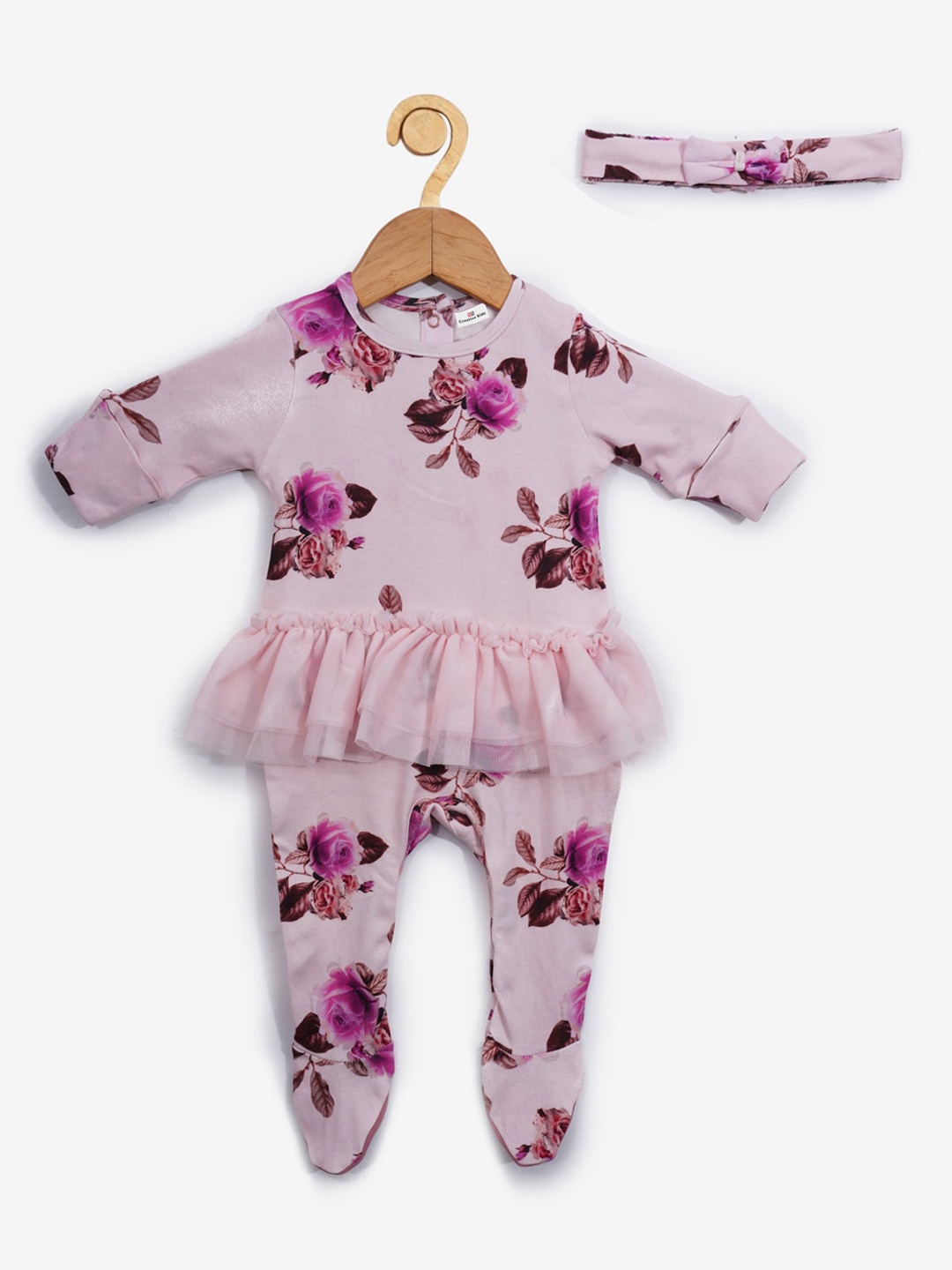 

Creative Kids Infant Kids Pink Organic Cotton Floral Bodysuit With Head Band