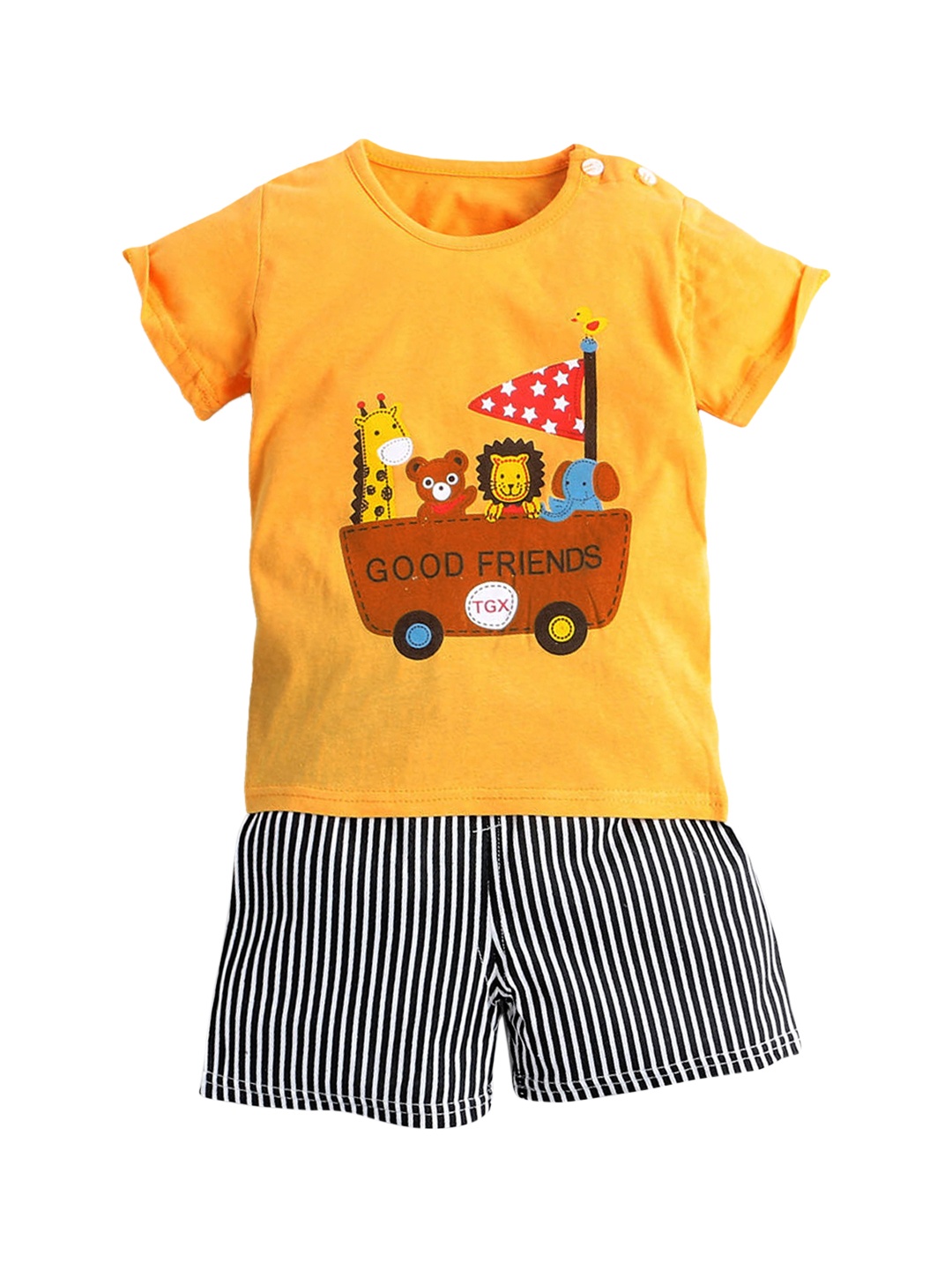 

Hopscotch Unisex Kids Yellow & Grey Printed Pure Cotton Night suit