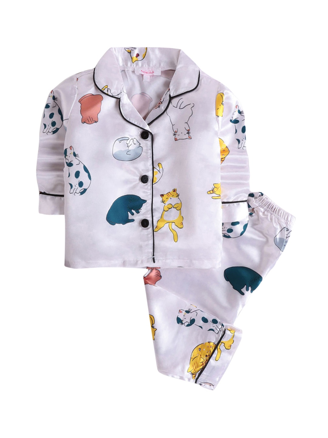 

Hopscotch Girls White & Blue Cat Printed Night suit