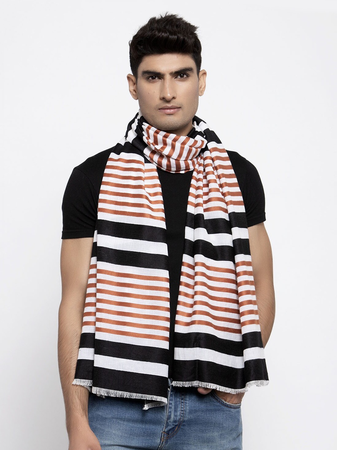 

Calvadoss Men Brown & White Striped Long Fit Cotton Muffler