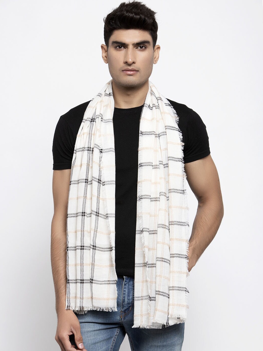 

Calvadoss Men Off White & Black Checked Cotton Muffler
