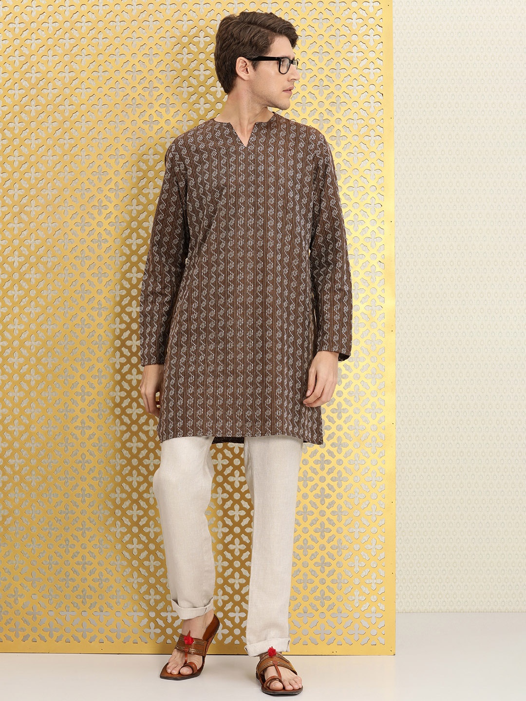 

Ode by House of Pataudi Men Brown & White Ethnic Motifs Woven Design Straight Kurta