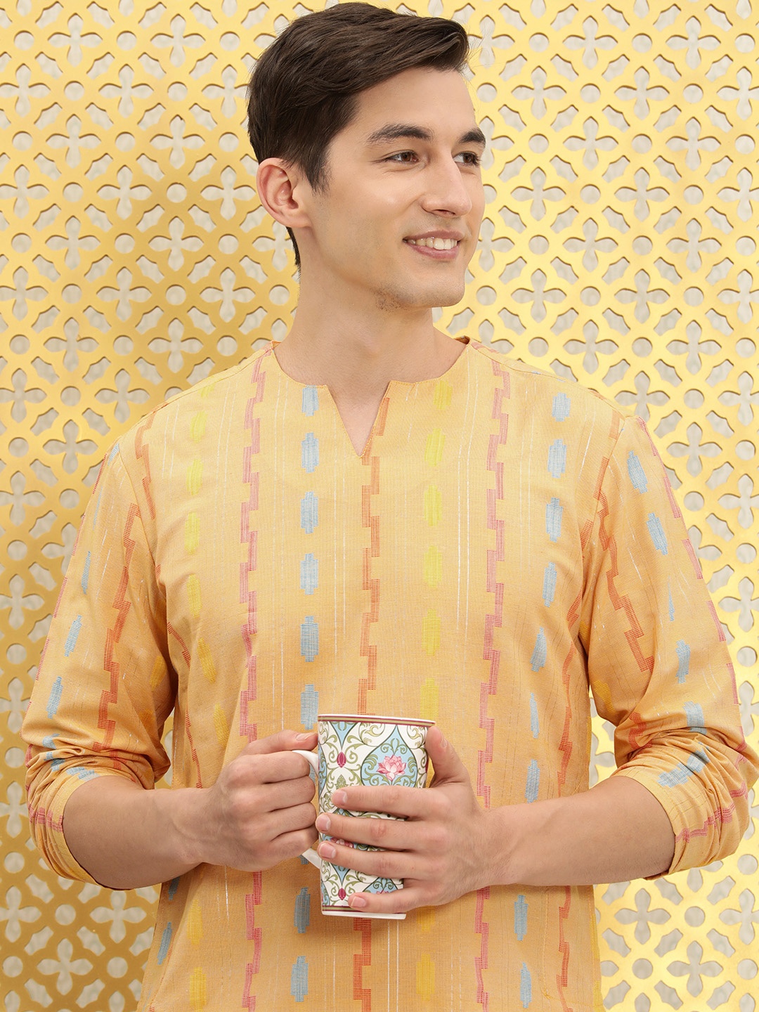 

Ode by House of Pataudi Men Yellow & Orange Woven Design Rozana Kurta