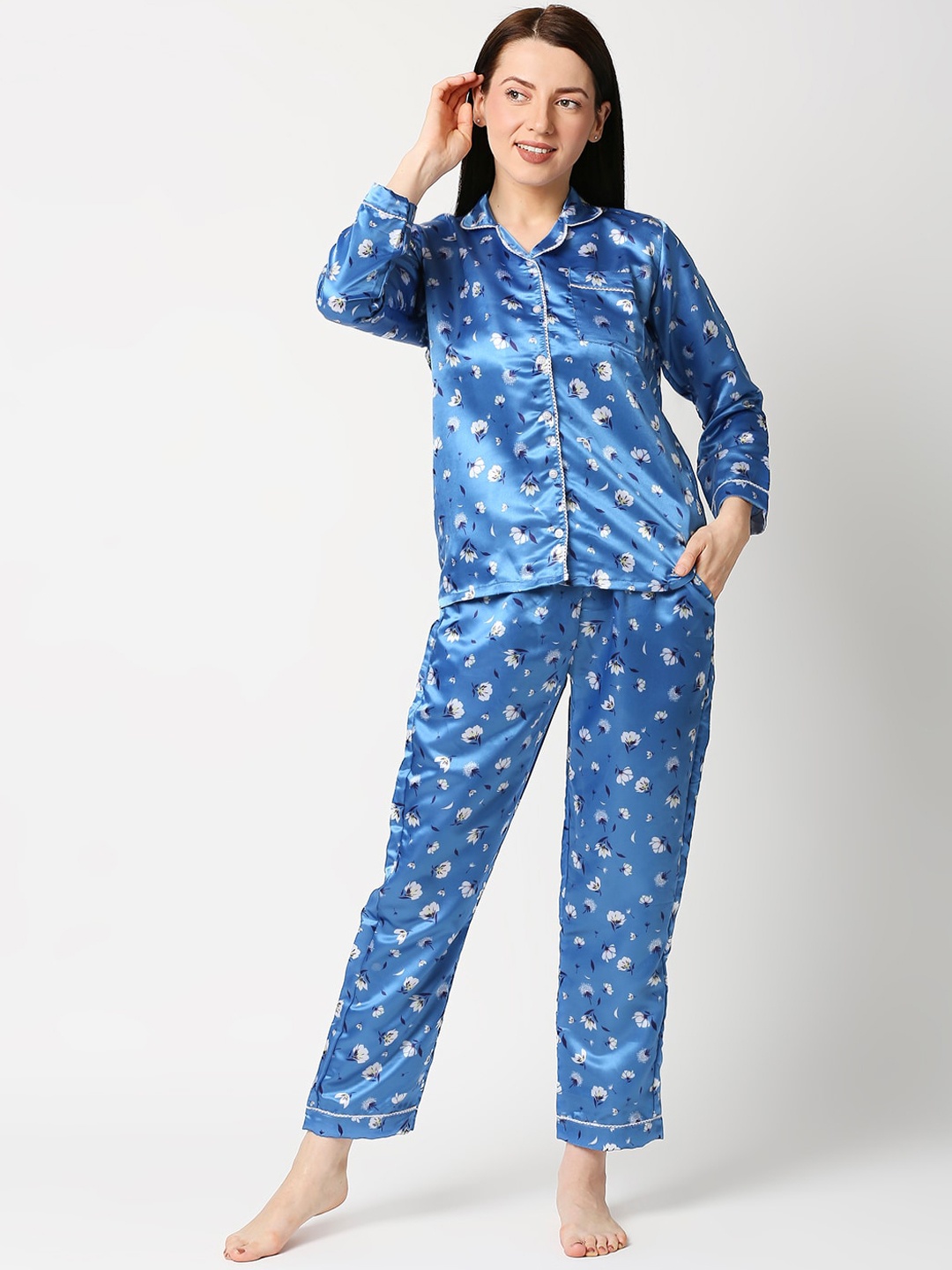 

Pyjama Party Women Blue & White Printed Night suit