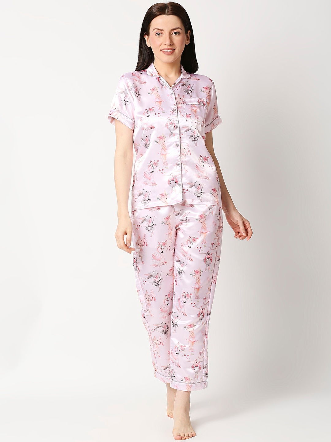 

Pyjama Party Women Pink & Black Printed Night suit