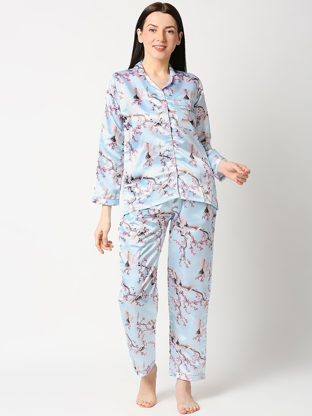 

Pyjama Party Women Blue & Pink Printed Night suit