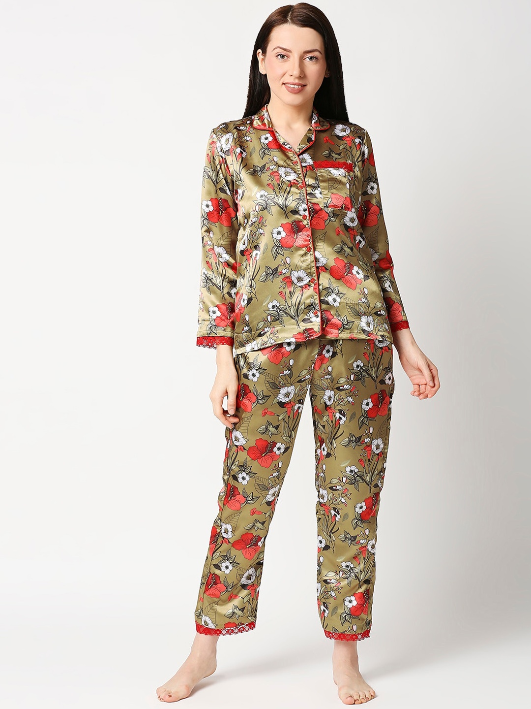 

Pyjama Party Women Olive Green & Red Printed Satin Night suit