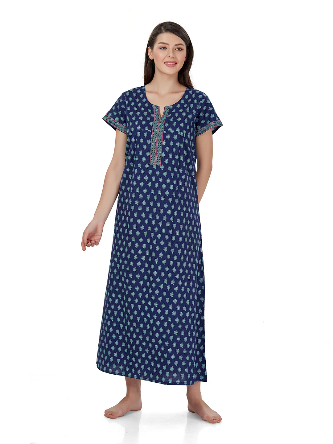 

evolove Navy Blue Printed Pure Cotton Maxi Nightdress