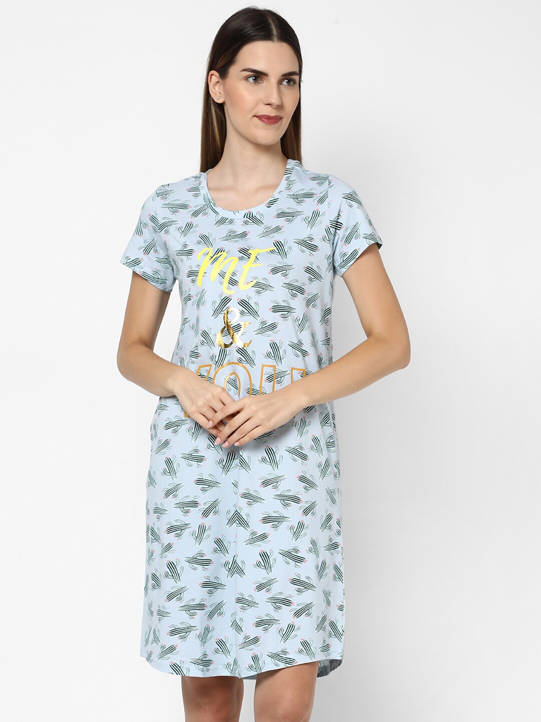 

evolove Blue Printed Knee Length Pure Cotton Nightdress