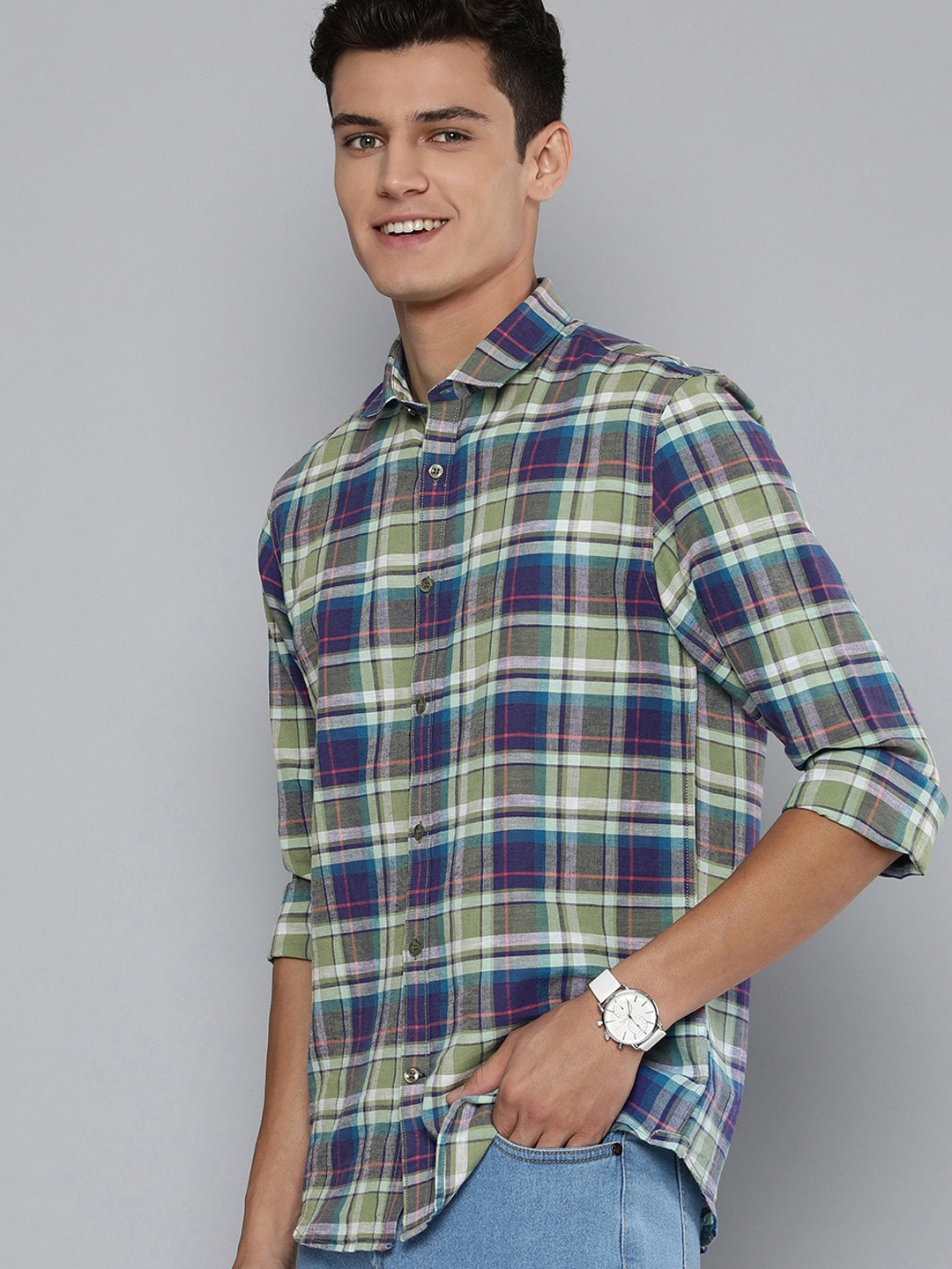 

Mast & Harbour Men Multicoloured Tartan Checks Slim Fit Cotton Linen Casual Shirt, Multi