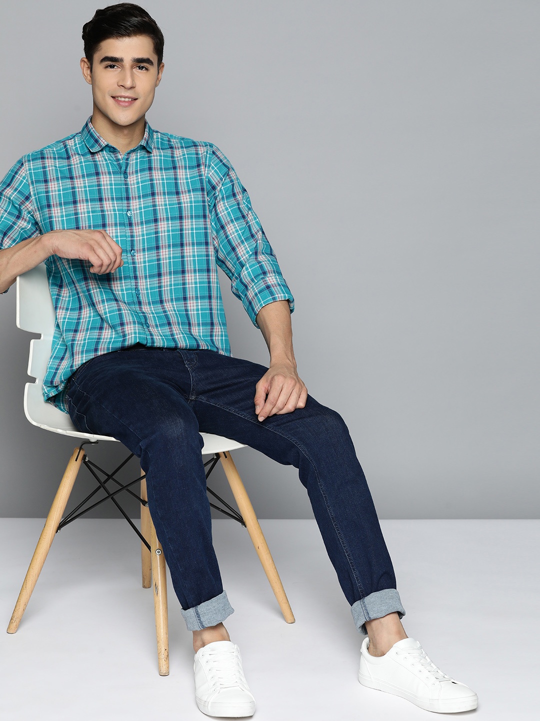 

Mast & Harbour Teal Blue Pure Cotton Tartan Checks Casual Shirt