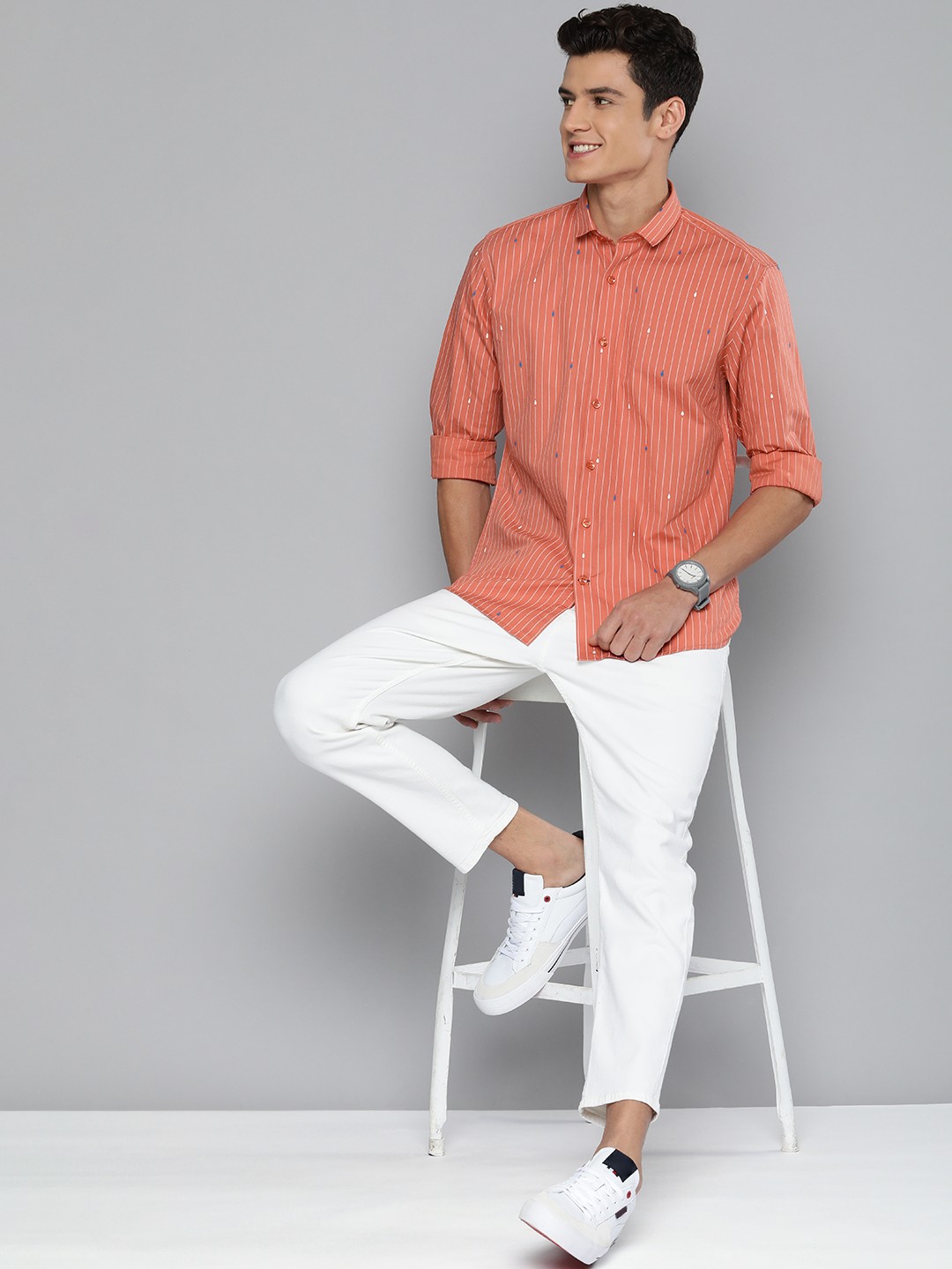 

Mast & Harbour Men Coral Orange & White Striped Casual Shirt
